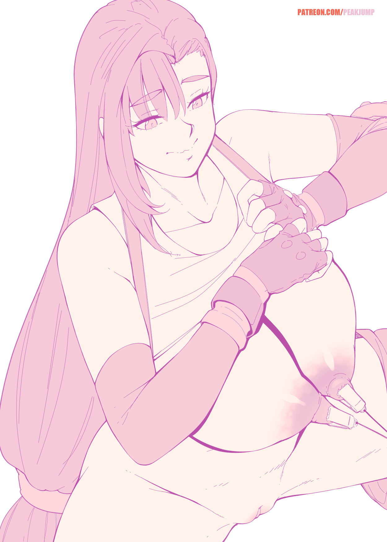 1girls, areolae, armwear, big nipples, breasts, eyebrows visible through hair, eyelashes, female, female focus, female only, final fantasy, final fantasy vii, fingerless gloves, huge breasts, huge nipples, limited color, long nipples, mound of venus, near monochrome, nipple clamps, nipple pull, nipple torture, nipples, patreon username, peakjump, puffy nipples, thick nipples, tifa lockhart, url, wavy mouth