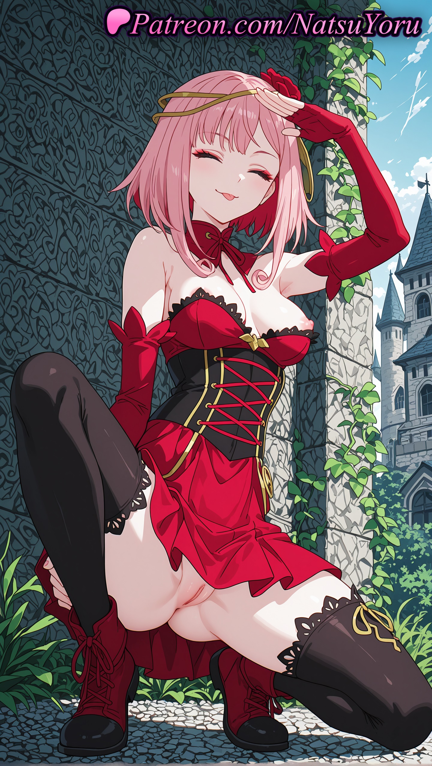 1girls, 2025, ai generated, bare shoulders, black thighhighs, breasts, closed eyes, corset, destiny, detached sleeves, dress, elbow gloves, eyeshadow, female, fingerless gloves, flower, gloves, hair flower, hair ornament, hi res, highres, makeup, medium breasts, natsuyoru, nipples, no panties, on one knee, one breast out, outdoors, patreon, pink hair, pussy, red dress, red footwear, rose, solo, squatting, strapless, takt op.destiny, thighhighs, tongue, tongue out, uncensored, vagina, voluptuous, voluptuous female