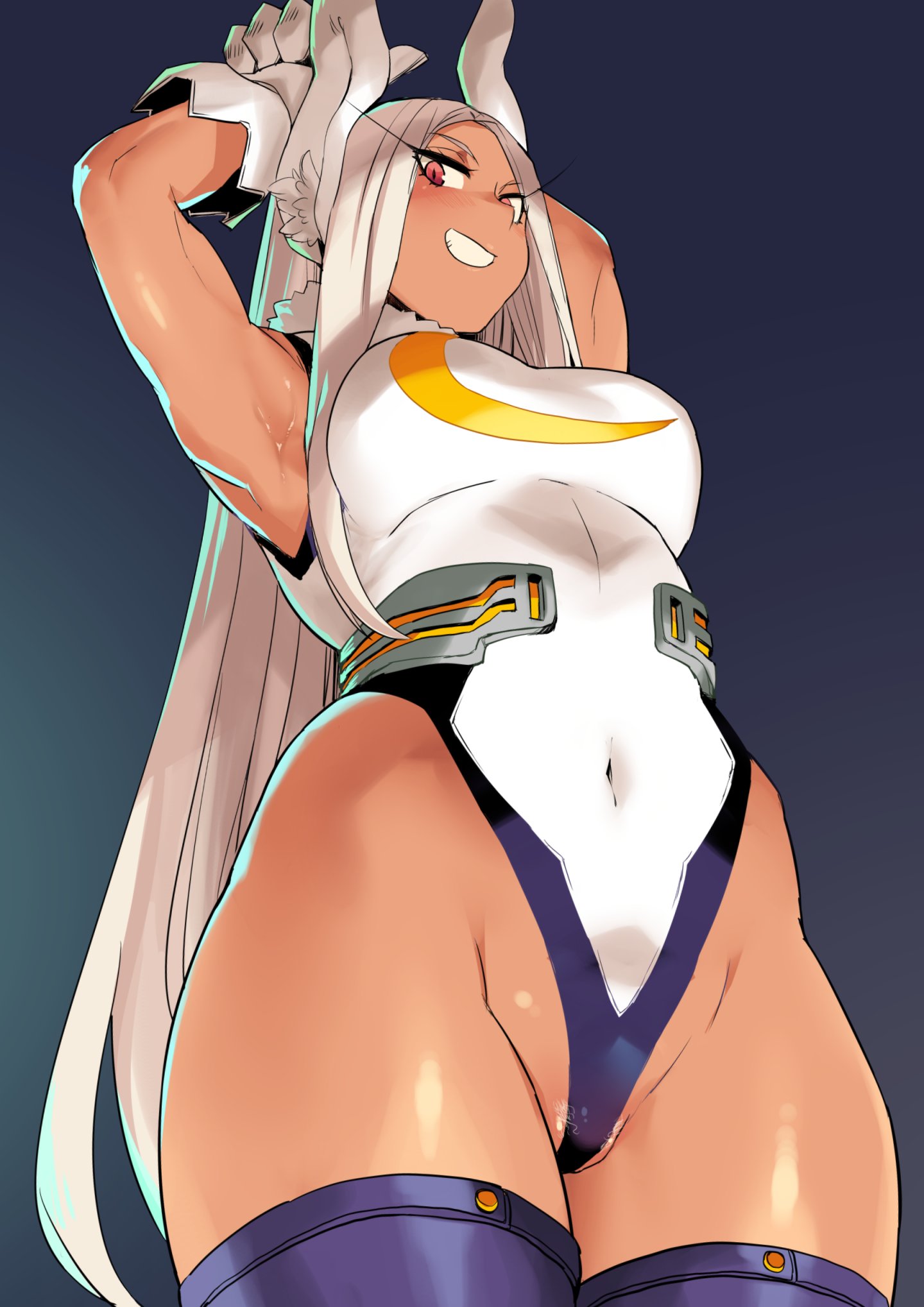 1girls, armpits, breasts, bunny ears, dark skin, dark-skinned female, female, female only, gloves, hero outfit (mha), minakami, miruko, my hero academia, rabbit ears, rabbit humanoid, red eyes, rumi usagiyama, solo, thighhighs, white hair