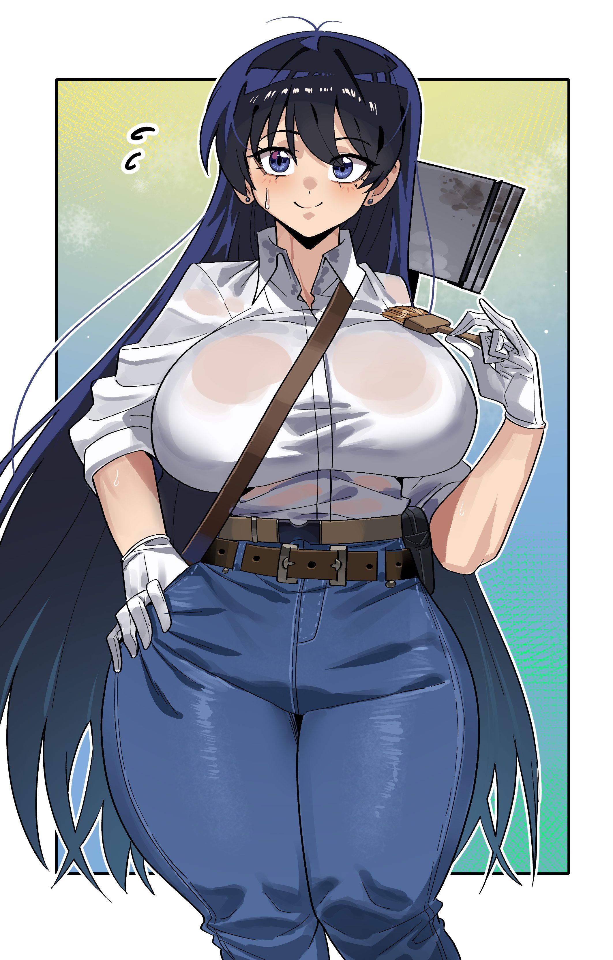 arato nagi, big breast, big breasts, breasts, bursting breasts, busty, curvy, curvy body, curvy female, curvy figure, curvy hips, female, fully clothed, gamjasssak, gloves, huge breast, large breast, large breasts, long hair, massive breasts, ruri no houseki, solo, solo female, solo focus, thick legs, thick thighs, voluptuous, white shirt