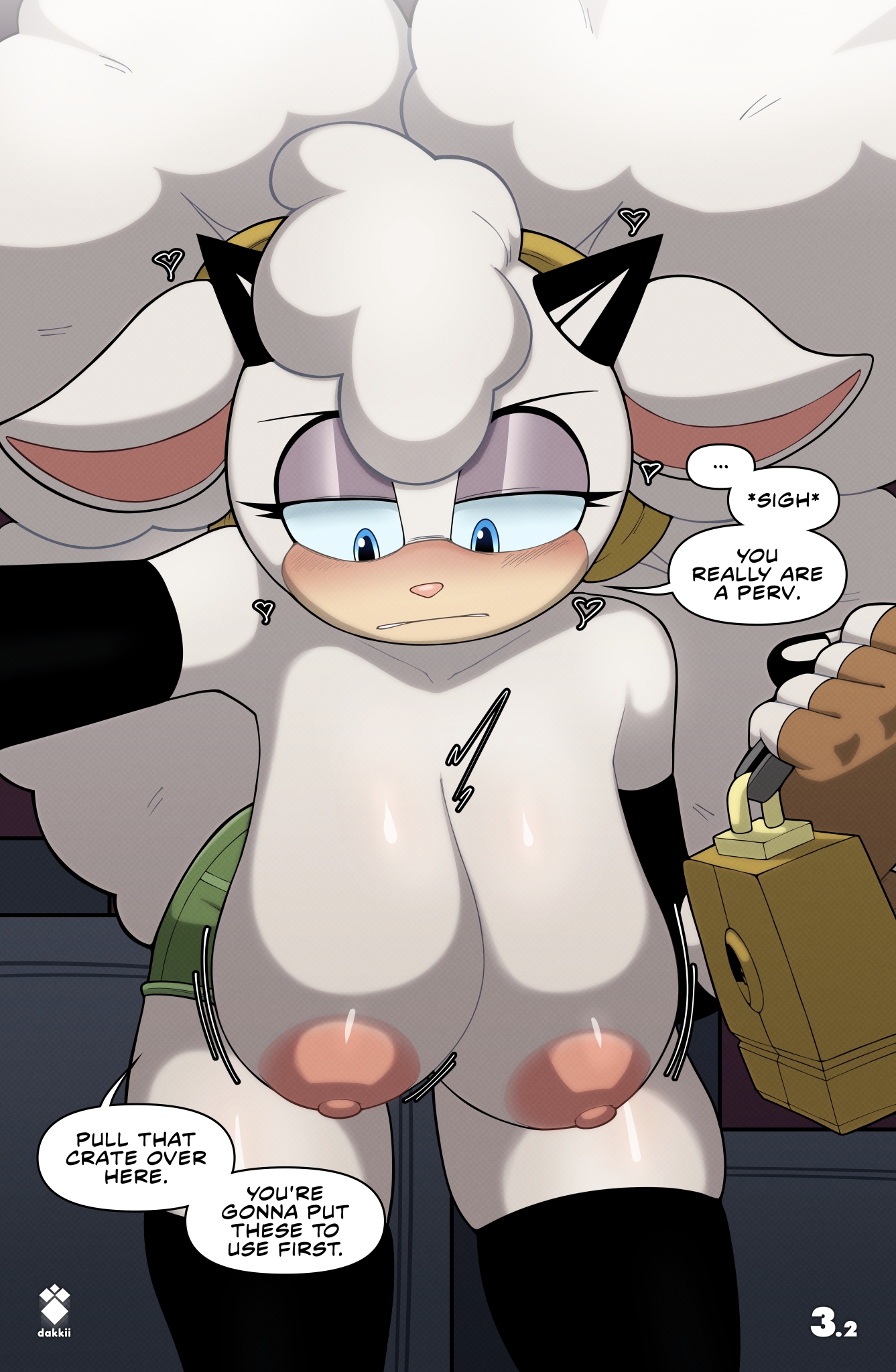 alternate version available, anthro, big breasts, breasts, child bearing hips, dakkii, english text, fat ass, female, lanolin the sheep, layziidakkii, looking down, mammal, nipples, pink nipples, sheep, sonic (series), sonic the hedgehog (comics), sonic the hedgehog (idw), sonic the hedgehog (series), twitter username