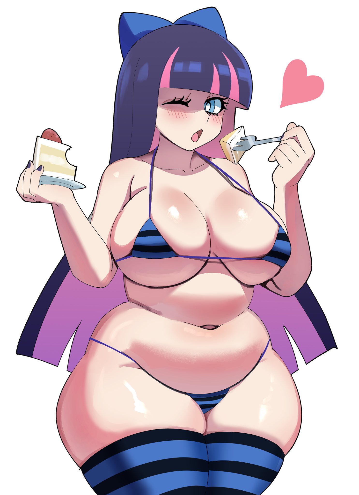 1girls, ass, bikini, black nails, blue eyes, blunt bangs, blush, bow, breasts, chubby, chubby female, female, female only, hair bow, heart, large breasts, light skin, light-skinned female, long hair, looking at viewer, micro bikini, nail polish, navel, one eye closed, painted nails, panty & stocking with garterbelt, purple hair, purple nails, skindentation, solo, stocking anarchy, striped bikini, striped legwear, striped swimsuit, striped thighhighs, swimsuit, thick thighs, thighhighs, thighs, two-tone hair, white background, wide hips, ytrall