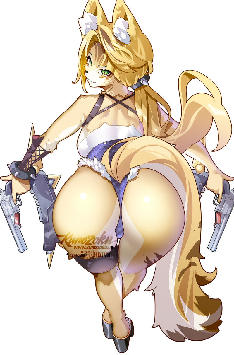 1girls, 2d, 2d (artwork), animal ear fluff, animal ears, anthro, anthro female, ass, ass focus, back view, bent over, big ass, blonde fur, blonde hair, body fur, cat ears, cat girl, crop top, denim shorts, female, female focus, female only, fur, furry, furry female, green eyes, gun, highres, holding gun, holding revolver, hotvr, hoyoverse, legs, long hair, looking back, ponytail, presenting ass, pulchra (zenless zone zero), pulchra fellini, revolver, shorts, simple background, solo, subscribestar username, tail, thighs, topwear, two-tone hair, yellow fur, zenless zone zero