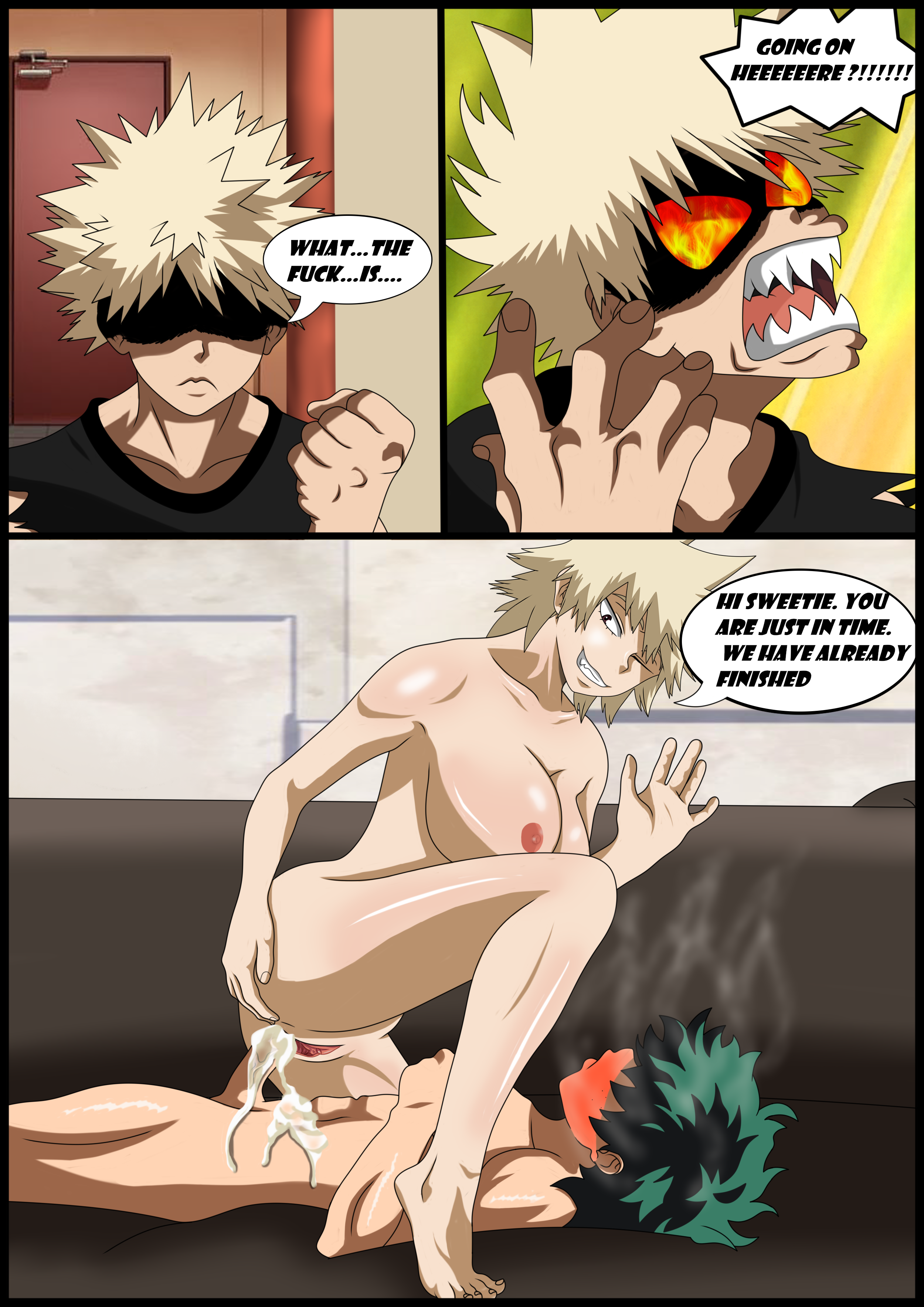1girls, 2boys, angry, barefoot, blonde hair, blush, breasts, caught, caught in the act, cowgirl, cowgirl position, cum, cum in pussy, cum leaking, dinosknight, english text, female, green hair, izuku midoriya, katsuki bakugou, male, milf, mitsuki bakugou, mother and son, my hero academia, nude, one eye closed, pussy, sharp teeth, smile, spiky hair, text, whentai