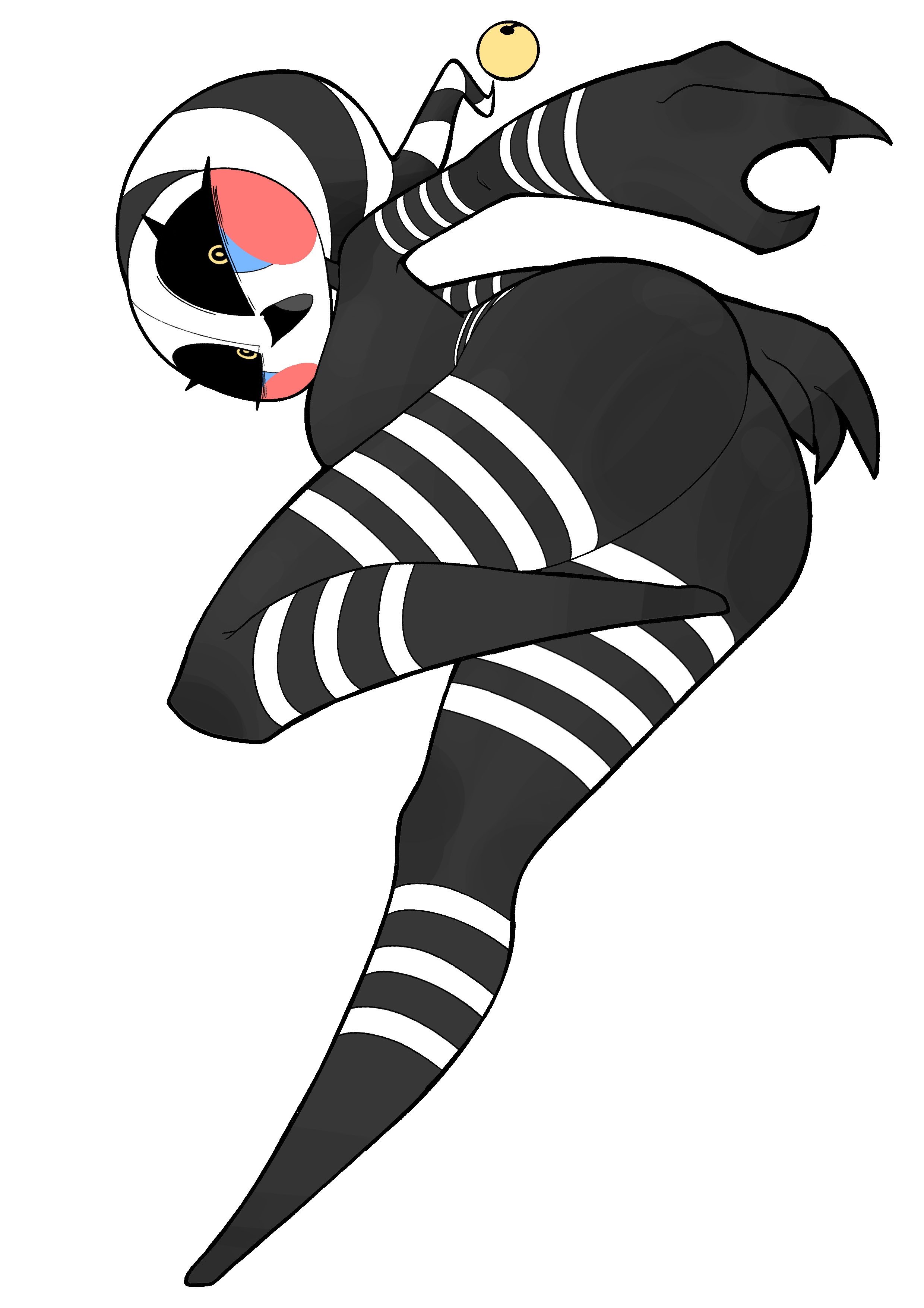 1girls, ass, big ass, big breasts, black body, black sclera, breasts, claws, female, five nights at freddy's, freddy fazbear's pizzeria simulator, hss dada, looking at viewer, looking back, marionette (fnaf), open mouth, puppet (fnaf), security puppet (fnaf), smile, solo, striped body, stripes, tagme, white background, yellow eyes
