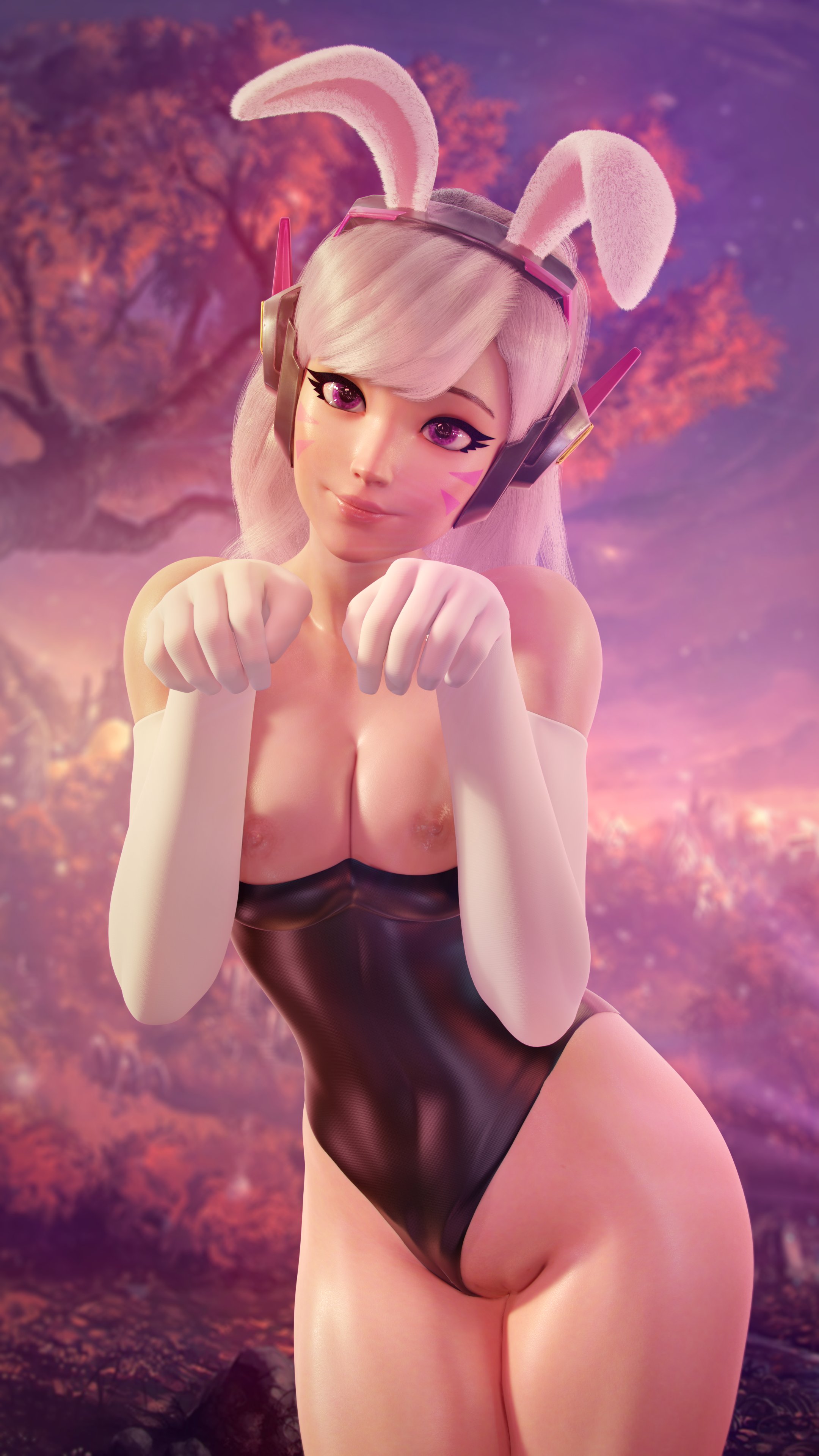 1girls, 3d, 4k, absurdres, alternate hair color, areolae, asian, bangs, big breasts, blender, blizzard entertainment, blonde hair, breasts, breasts pressed together, bunny ears, bunny girl, bunnysuit, covered navel, cute, d.va, egirl, elbow gloves, exposed breasts, eyelashes, face markings, female, female only, fishnet, forceballfx, fringe, gloves, hana song, head tilt, headset, highres, korean, large breasts, legs together, leotard, leotard aside, lip gloss, long hair, looking at viewer, nipples, overwatch, pantyhose, paw pose, petite, petplay, pink lipstick, purple eyes, pussy, roleplay, shaved pussy, smile, solo, teenager, thighs, whisker markings, white gloves, white hair
