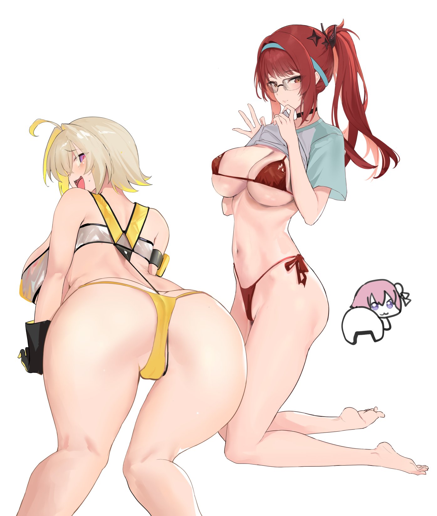 3girls, ass, doro (nikke), elegg (boom and shock) (nikke), elegg (nikke), female, female only, goddess of victory: nikke, nebaneba, rapi (nikke), rapi (red hood) (nikke), rapi (red hood) (red flavor) (nikke), swimsuit