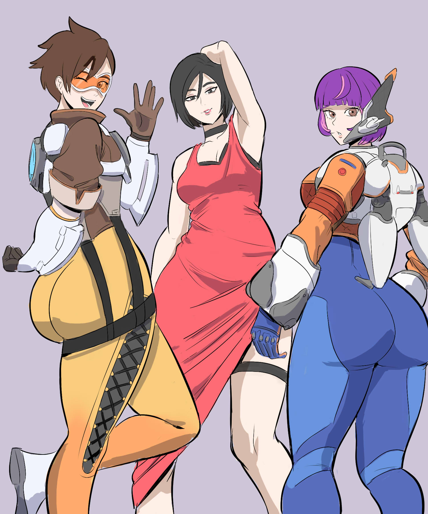 2025, 2d, 2d (artwork), 3girls, ada wong, alexico roadagain, armpit, big ass, big butt, black eyes, brown eyes, bubble butt, choker, chronal accelerator, clothed, clothed female, cropped jacket, crossover, dress, eastern and western character, female, female only, goggles, human, human only, jacket, jetpack, juno (overwatch), lena oxton, looking back at viewer, overwatch, overwatch 2, paag, pale skin, pale-skinned female, pawg, questionable, resident evil, sfw, simple background, skin tight, technology, teo minh, tracer, voluptuous, voluptuous female, waving, waving at viewer, wink, winking at viewer