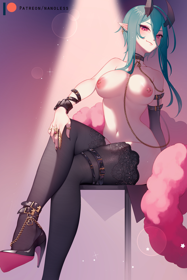 black choker, black footwear, black horns, black legwear, breasts, chain necklace, choker, closed mouth, crossed legs, demon, demon girl, demon horns, female, green hair, hair between eyes, high heels, horns, jewelry, large breasts, long hair, looking at viewer, nanoless, navel, nipples, nude, original, original character, patreon username, pointy ears, red eyes, ring, serena (nanoless), shoes, sitting, smile, solo, succubus, succubus horns, thighhighs