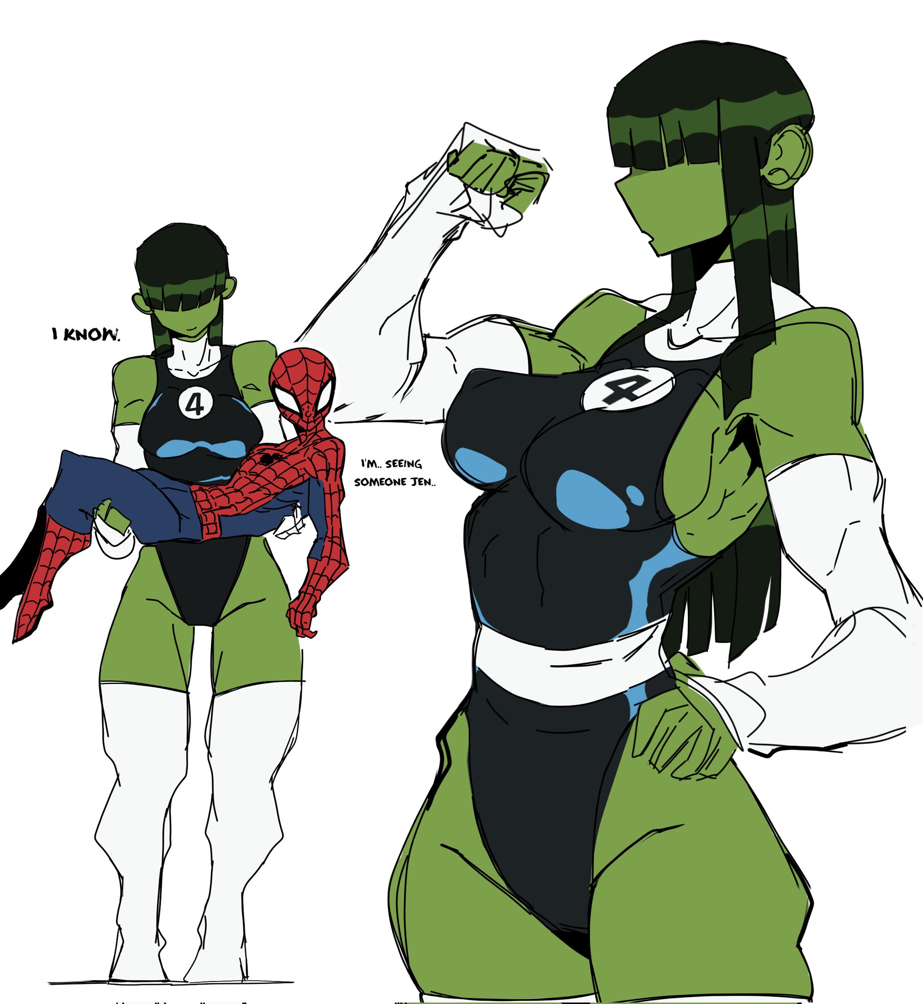 1boy, 1boy1girl, 1girls, alternate costume, avengers, bigger female, blush, boots, bra, breasts, duo, elbow gloves, embarrassed, fantastic four, female, fingerless gloves, full body, green hair, green skin, green-skinned female, hair over eyes, hairy pussy, height difference, heroine, innocent, jennifer walters, large breasts, larger female, leotard, looking away, male, marvel, marvel comics, nerd, panties, peter parker, pussy, she-hulk, she-hulk (fantastic four), shorter male, shy, sideboob, size difference, smaller male, spider-man, spider-man (series), standing, straight hair, superhero, superheroine, t1tans90, taller female, thick thighs, thigh boots, white boots, white footwear, white gloves, white thighhighs, wide hips