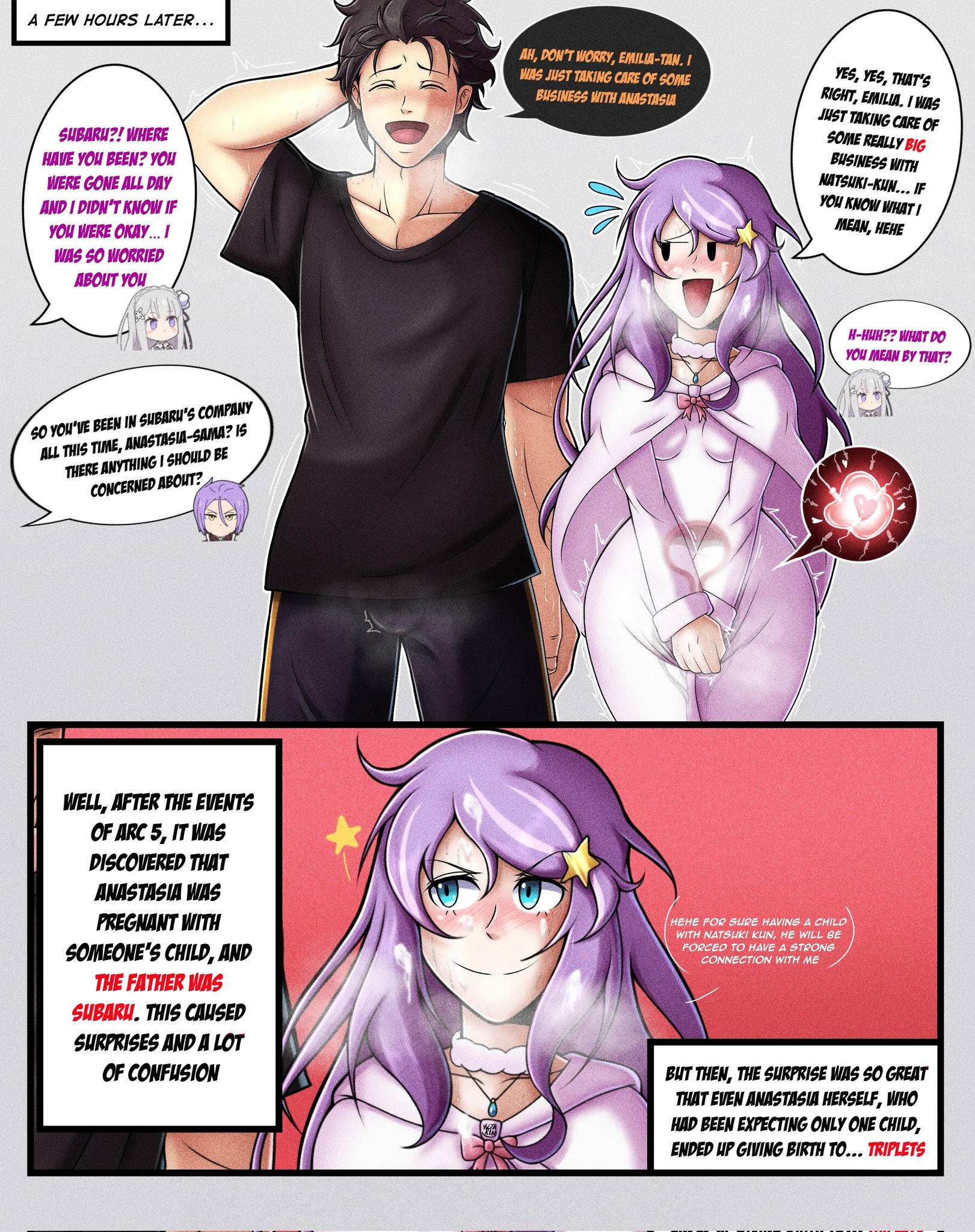 1boy, 1boy1girl, 1girls, 2025, 2d, after sex, after vaginal, anastasia hoshin, bite, bite mark, black clothes, black clothing, black hair, black pants, black shirt, blue eyes, breasts, bulge, bulge through clothing, child bearing hips, choker, covered in cum, covering crotch, covering pussy, cum, cum drip, cum dripping, cum dripping out of pussy, cum in pussy, cum in uterus, cum in womb, cum inside, cum on face, cum on hair, cum plugged, delayed impregnation, dialogue, dominant male, dress, emilia (re:zero), english text, erect penis, erection, erection under clothes, erection under clothing, fantasy, female, female focus, fertilization, filled with cum, filled womb, hair accessory, hair ornament, hard cock, hard penis, hickey, hickey marks, human, impregnated, impregnated with triplets, impregnation, impregnation attempt, julius juukulius, kanedere, long hair, male, natsuki subaru, necklace, pants, penis, petite, petite female, purple hair, pussy, pussy juice, pussy juice drip, re:zero kara hajimeru isekai seikatsu, shirt, size difference, smile, smirk, smirking, star hair ornament, still erect, sweat, sweatdrop, text, tight clothes, tight clothing, tight dress, tight fit, white clothes, white clothing, white dress, white skin, white skinned female, womb, yultarinn
