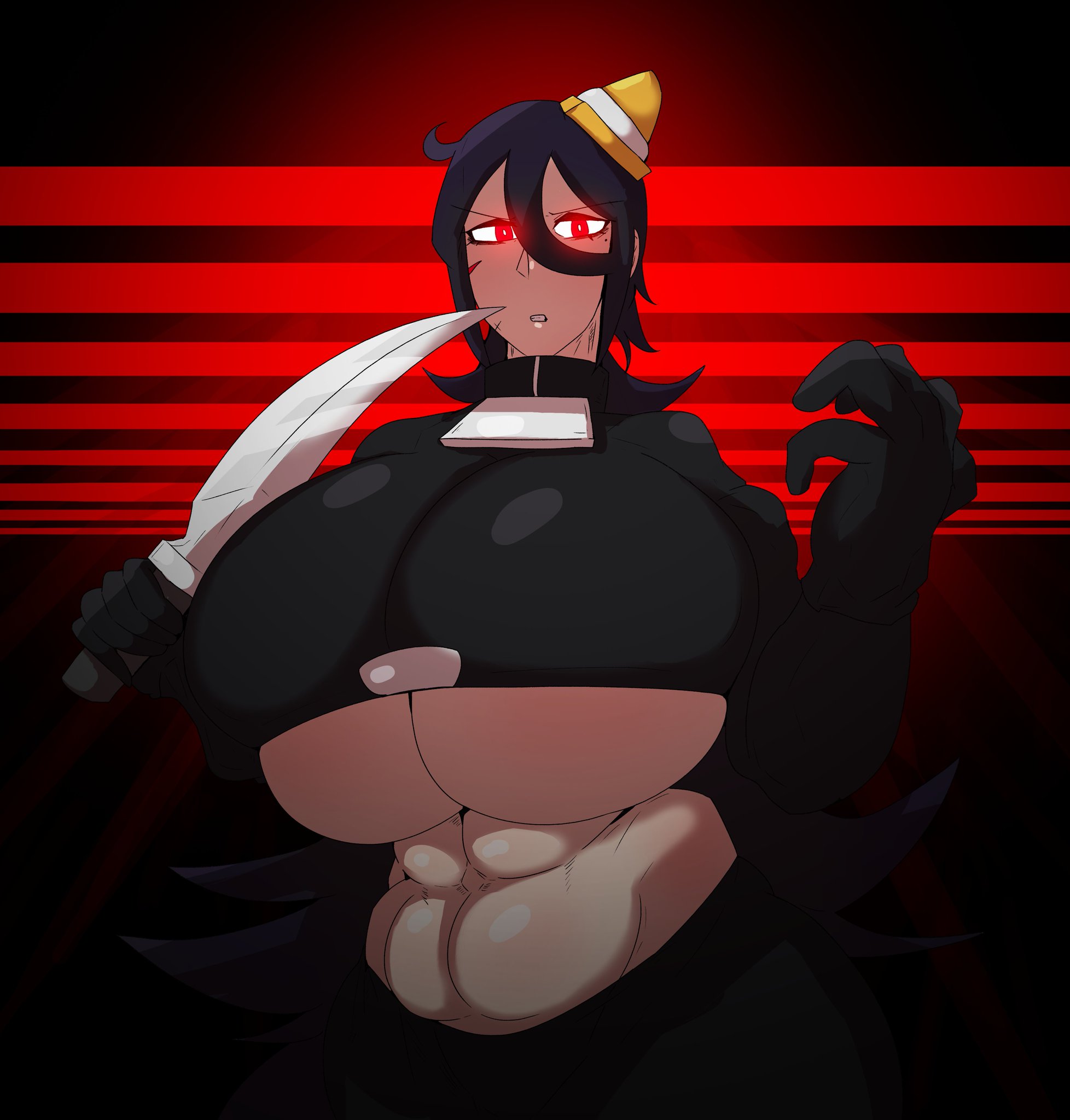 1girls, 925kyohei, abs, among us black, big breasts, black (among us), breasts, female, fnf regal ruse, friday night funkin, friday night funkin mod, human black impostor (icedevilboy1), knife, tagme, traffic cone, under boob, vs human impostor, vs impostor
