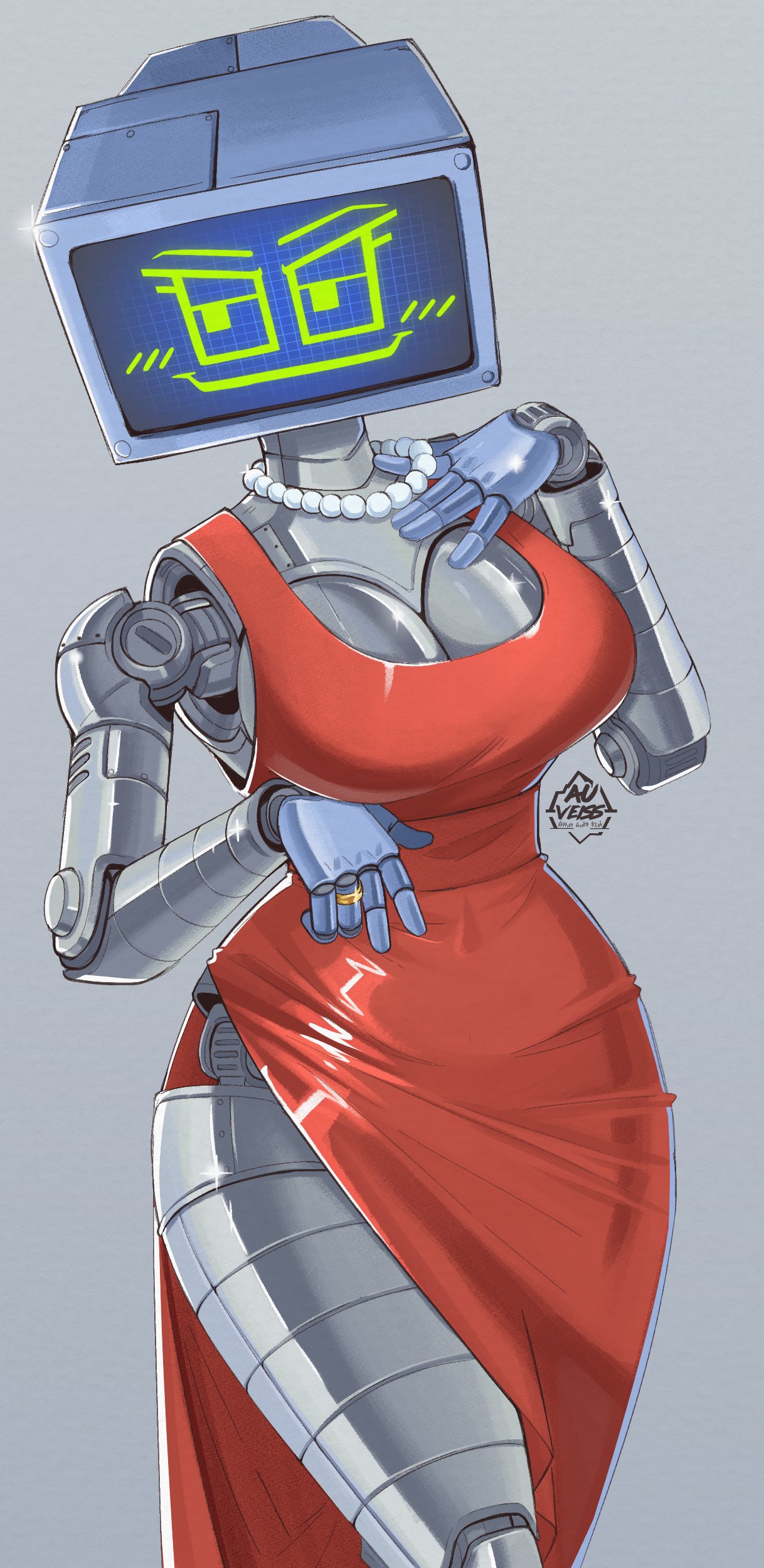 1girls, 2d, 2d (artwork), android, android girl, auveiss, big breasts, breasts, clothed, clothed female, computer head, dress, female, female focus, female only, karen plankton, necklace, nickelodeon, nicktoons, pearl necklace, red dress, robot, robot female, robot girl, robot humanoid, screen face, solo, solo female, solo focus, spongebob squarepants, thick thighs, thighs, tv head, tv screen