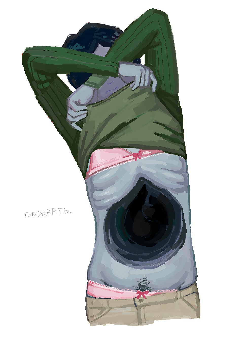 ada62b, androgynous, black hair, blue body, blue skin, bra, coat guy (no, i'm not a human), crossdressing, lingerie, male, male only, no, i'm not a human, panties, pink bra, pink panties, pubic hair, pubic hair peek, ribs, shirt lift, solo, sweater, sweater lift, unusual anatomy