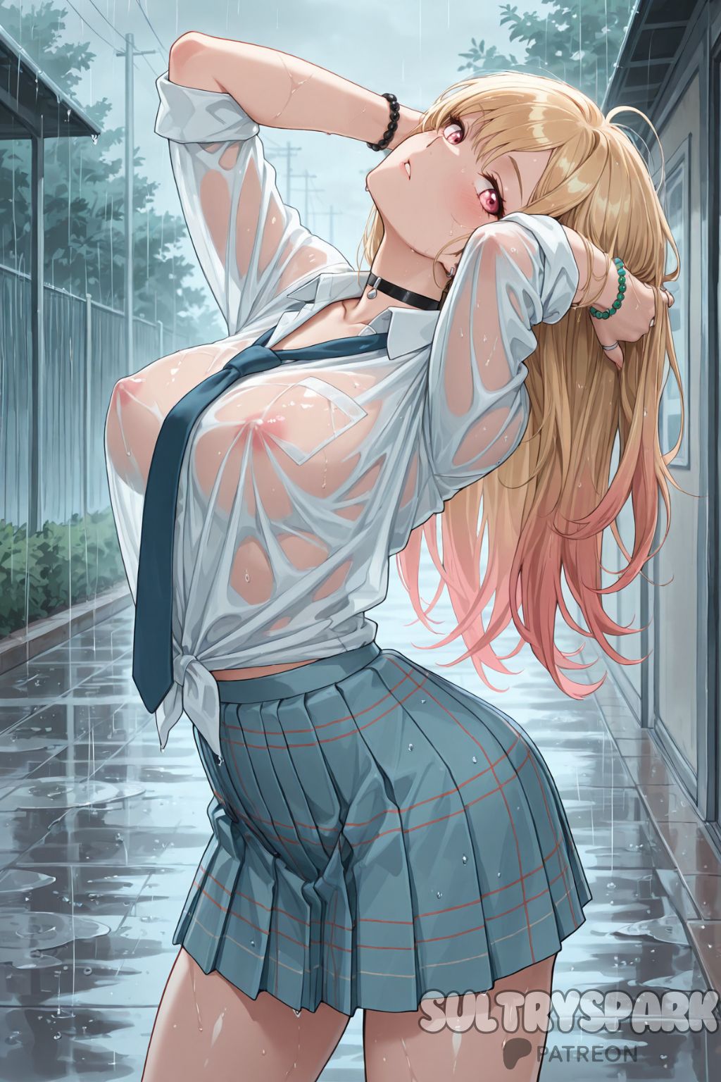 ai generated, arms up, bangs, bead bracelet, beads, black choker, blonde hair, blue skirt, blush, bracelet, breasts, choker, collarbone, collared shirt, covered nipples, cowboy shot, ear piercing, female, futarush, gradient hair, jewelry, kitagawa marin, large breasts, long hair, looking at viewer, marin kitagawa, multicolored hair, my dress up darling, necktie, nipples, no bra, outdoors, parted lips, patreon, patreon username, piercing, plaid, plaid skirt, pleated skirt, rain, red eyes, school uniform, see-through, shirt, skirt, sky, solo, sono bisque doll wa koi wo suru, standing, sultryspark, tied shirt, tree, wet, wet clothes, wet shirt, white shirt