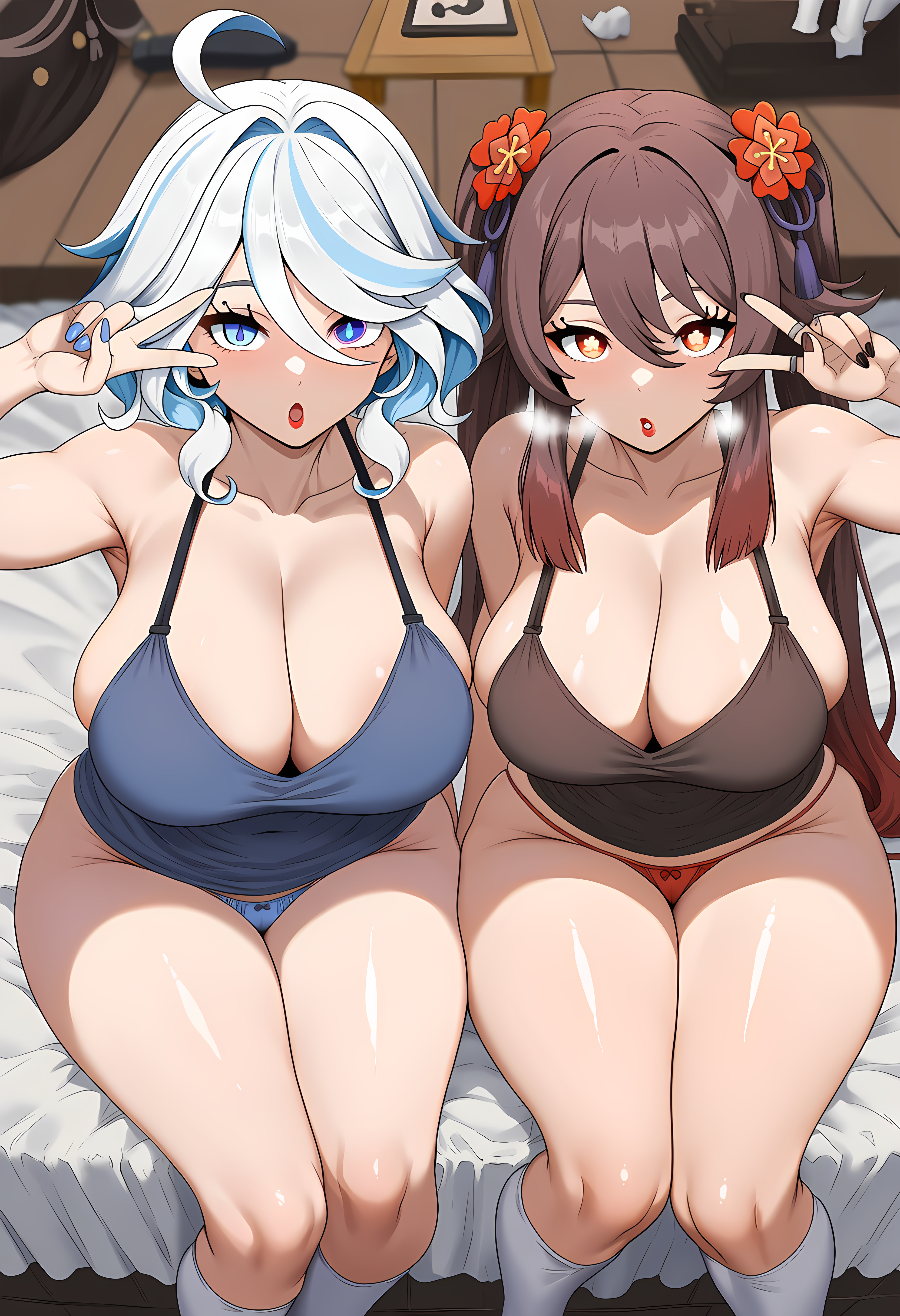 2girls, ahoge, ai generated, bangs, blue eyes, breasts, brown hair, cleavage, eyebrows, eyelashes, female, female only, flower shaped pupils, furina (genshin impact), genshin impact, hair, hair between eyes, half-dressed, hanging breasts, heavy breathing, hoyoverse, hu tao (genshin impact), huge breasts, legs, legs together, long hair, mihoyo, multiple girls, novelai, panties, red eyes, red lipstick, shionoseed, sideboob, sidelocks, thick thighs, v over eye, v sign, white hair
