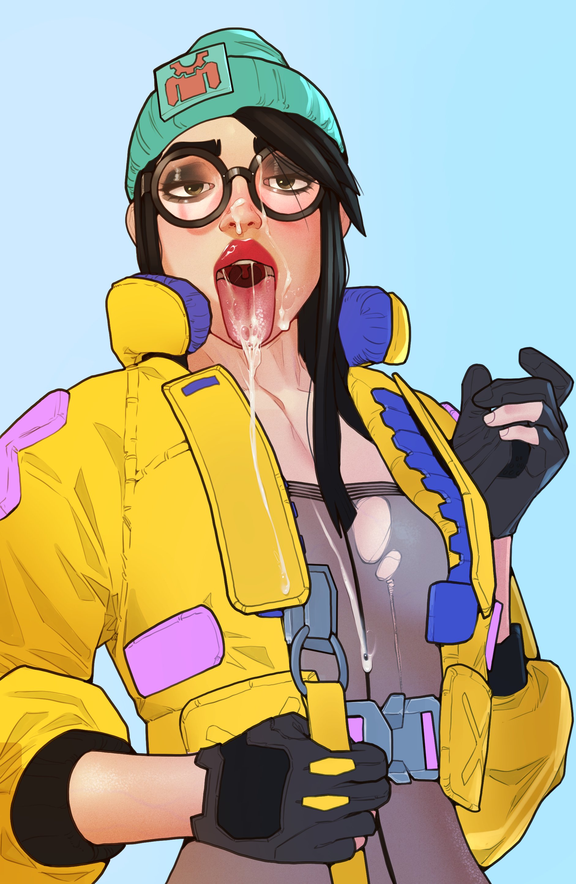 1girls, after sex, big lips, bimbo lips, clothed, cum, cum in mouth, female, female only, galaad1800, glasses, gloves, killjoy (valorant), lipstick, makeup, open mouth, round glasses, thick lips, tongue, tongue out, valorant