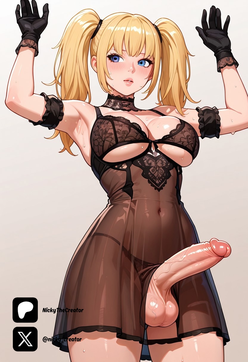 1futa, ai generated, ani (twitter), ani (xai), ani grok, arms up, balls, black gloves, black lingerie, blonde hair, blue eyes, breasts, cock, colored, dick, erection, female, futa only, futa/female, futanari, grok, grok (x), grok (xai), intersex, light skin, light-skinned futa, long hair, medium ass, medium breasts, nickythecreator, penis, sexy, sexy body, sexy pose, standing, testicles, uncensored, veiny penis
