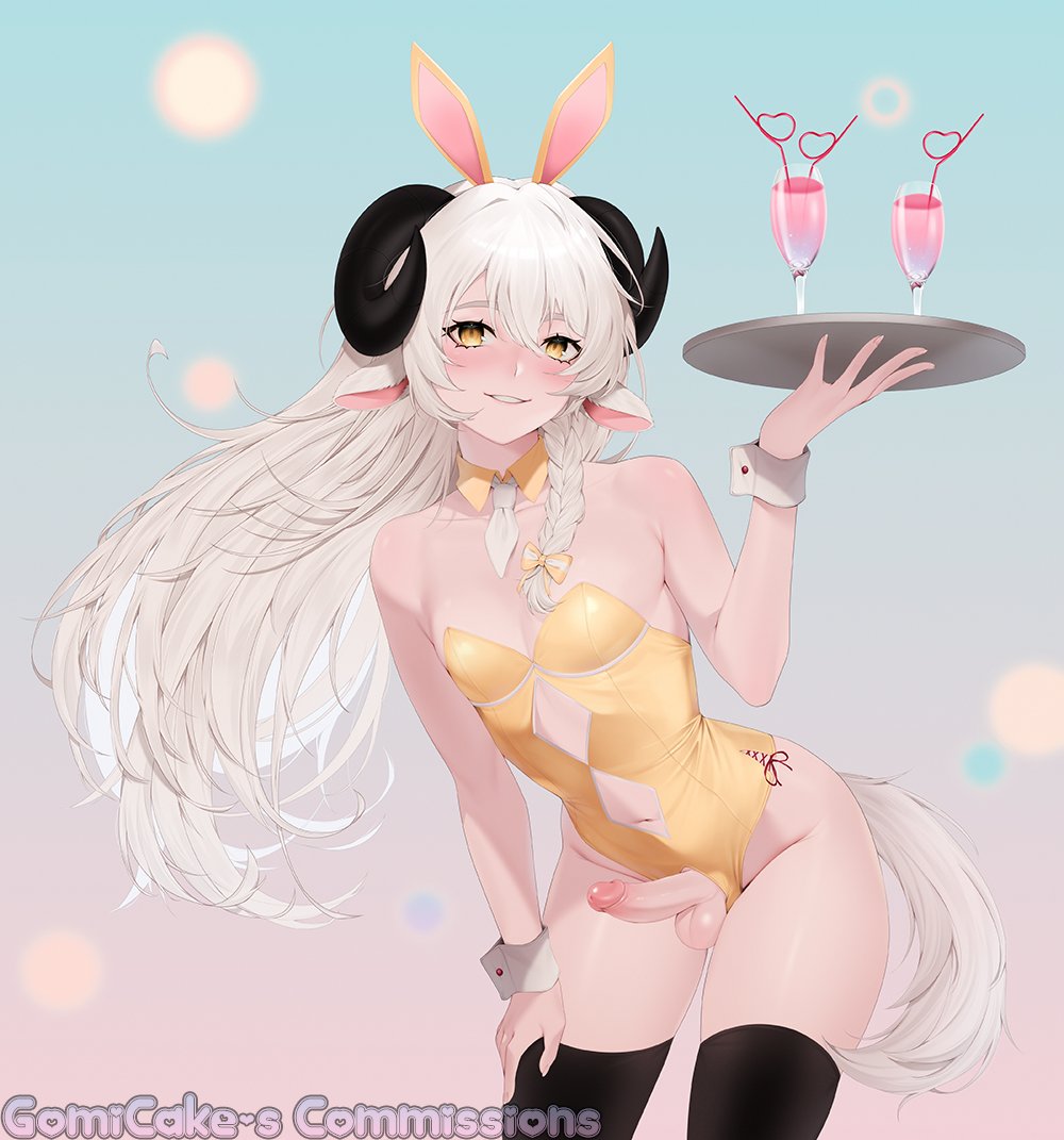 1boy, blush, braid, bunny boy, bunny costume, bunny ears, bunnysuit, drinks, exposed penis, femboy, gomi-cake, hard cock, horns, long hair, male, male only, pale skin, pale-skinned male, penis, sheep, sheep ears, sheep horns, solo, tail, thighhighs, tray, white hair, yellow eyes