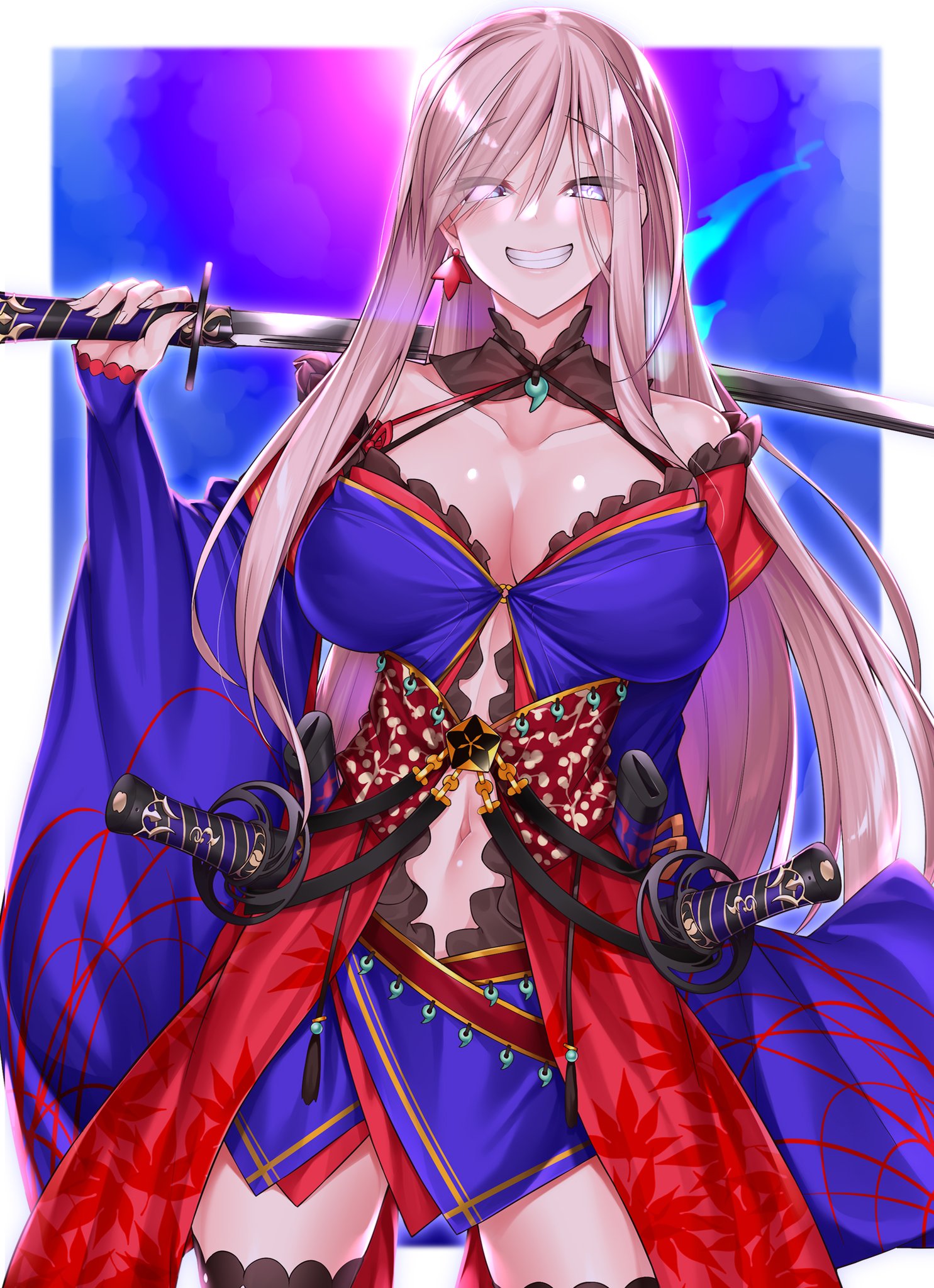 1girls, alternate hairstyle, breasts, earrings, fate (series), fate/grand order, female, ghost, ghost girl, gradient eyes, grin, large breasts, long hair, looking at viewer, miyamoto musashi (fate), pink hair, sword, thighhighs, watosu (watosu mama)