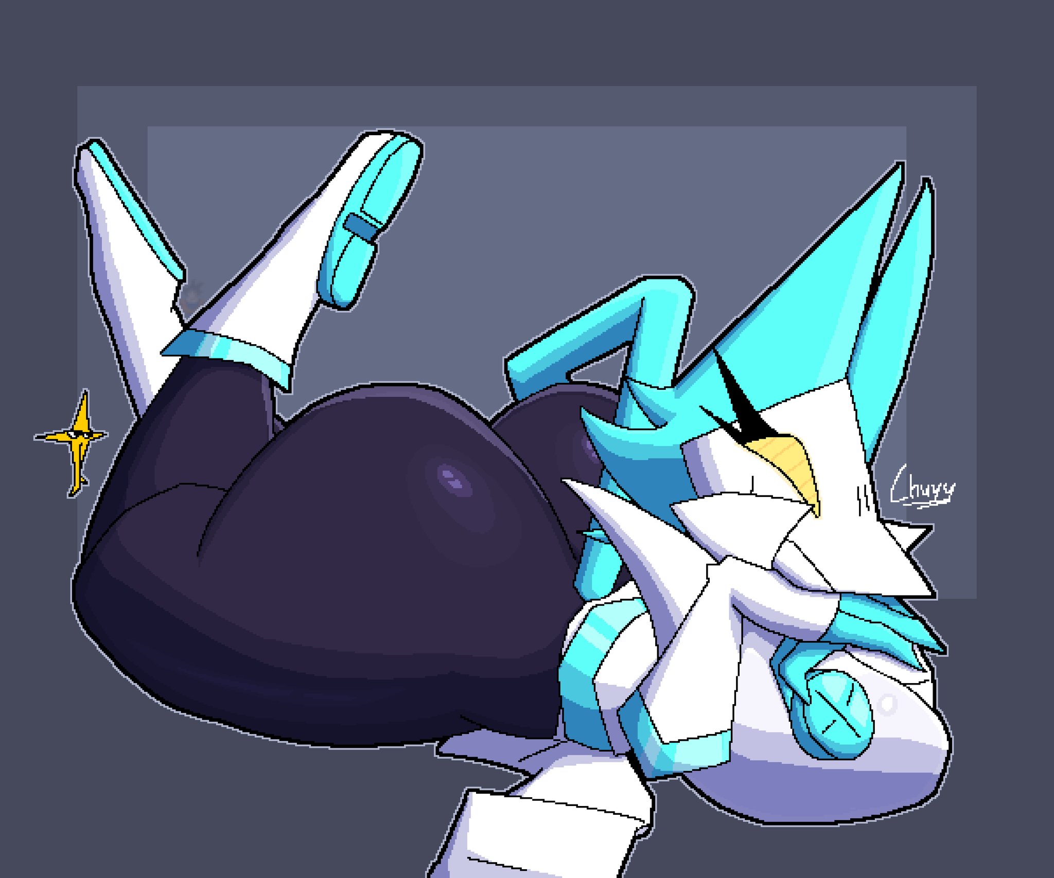 back view, big breasts, biped, blush, breasts, chuyy, clothed, clothing, deltarune, eyelashes, female, front view, holding object, holding whip, huge breasts, looking at viewer, machine, open mouth, robot, smile, solo, starwalker, tasque manager (deltarune), thick thighs, undertale (series)