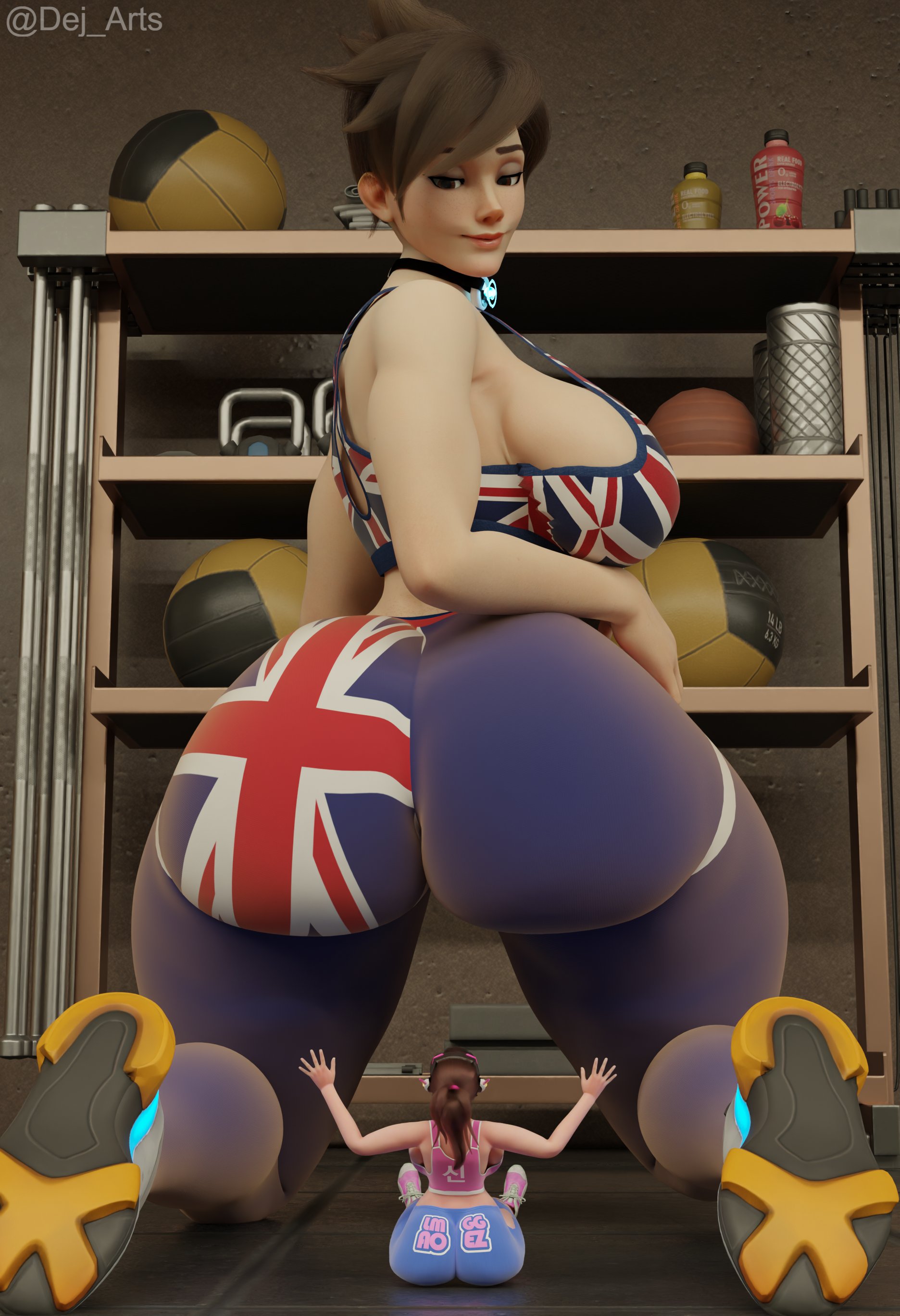 2girls, 3d, 3d (artwork), asian, asian female, ass, ass focus, big ass, big breasts, big butt, blizzard entertainment, breasts, british, british female, brown hair, brown-haired female, brunette hair, butt focus, collar, d.va, dej arts, european, european female, female, giantess, hana song, height difference, huge ass, huge butt, hyper ass, korean, korean female, large boobs, large breasts, lena oxton, light skin, light-skinned female, overwatch, overwatch 2, scrag d.va, scrag tracer, shrunk, shrunken female, size difference, tracer, video game character
