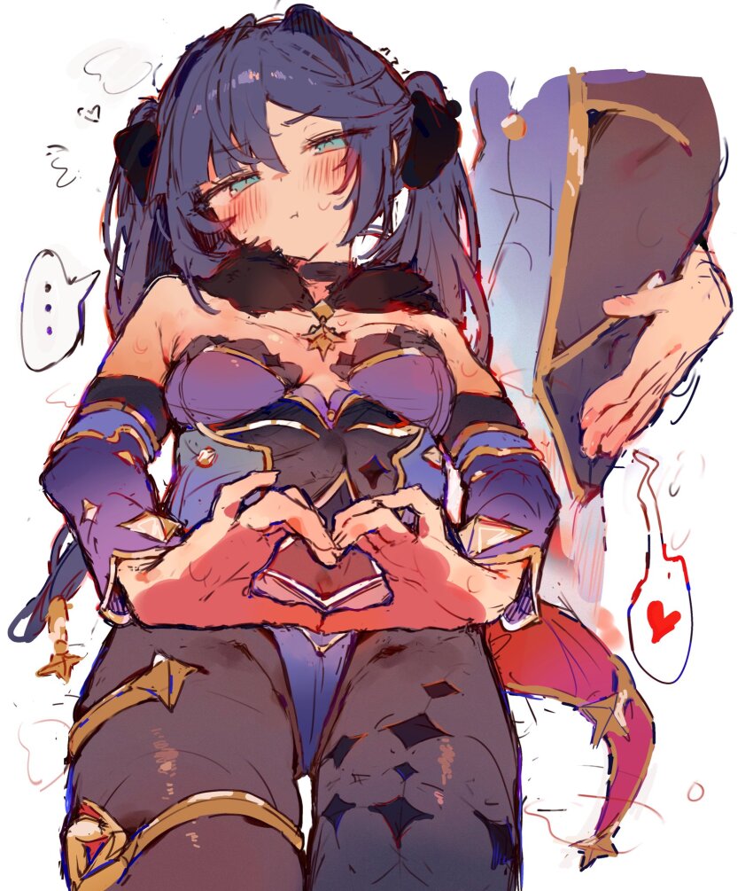 ..., black pantyhose, blue eyes, blue hair, blue leotard, blush, breasts, bunchi, cleavage, covered navel, cowboy shot, cropped torso, detached sleeves, female, from below, fur trim, genshin impact, hand on own stomach, heart, heart hands, highleg, highleg leotard, highres, jewelry, leotard, long hair, long sleeves, looking at viewer, mona (genshin impact), multiple views, pantyhose, pout, small breasts, spoken ellipsis, spoken heart, steaming body, sweat, thighlet, thighs, twintails, white background