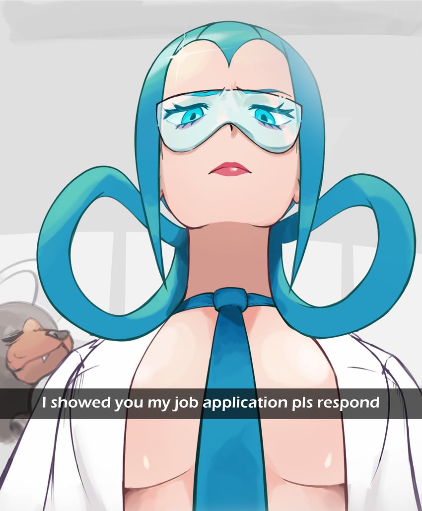 1girls, blue eyes, blue hair, blue tie, braless, cleavage, coat, english text, female, female only, game freak, glasses, green hair, hair rings, hellgar, hentaly, horns, houndoom, human, lab coat, labcoat, lipstick, looking at viewer, mable (pokemon legends: z-a), mable (pokemon), makeup, meme, momiji (pokemon legends: z-a), momiji (pokemon), necktie, nintendo, no bra, open clothes, open shirt, pokemon, pokemon (game), pokemon legends: z-a, pokemon professor, red lips, snapchat, tie, tinted eyewear, visor, white coat, woman