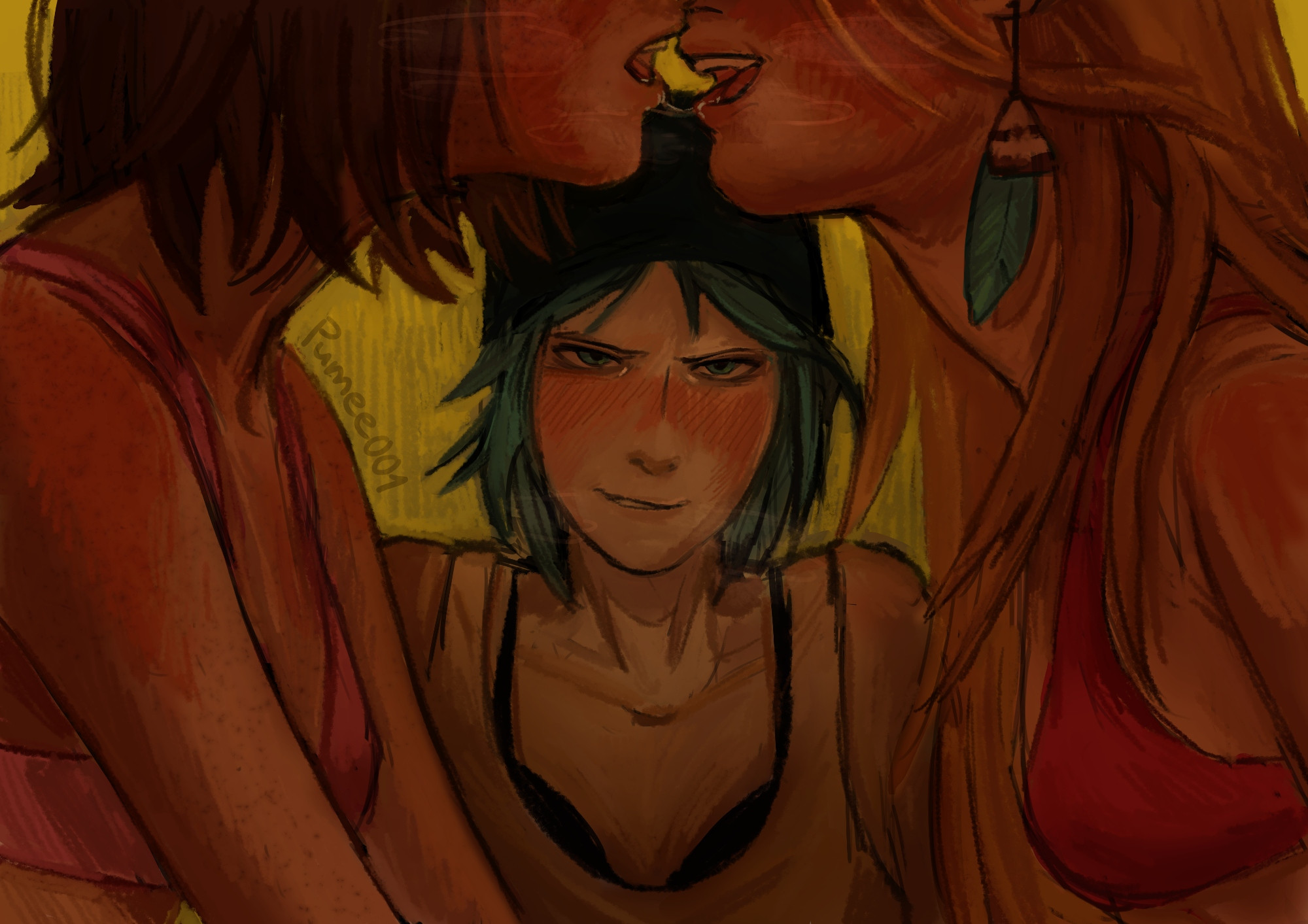 3girls, blonde hair, blue hair, blush, bra, brown hair, chloe price, cuckquean, dontnod entertainment, earrings, female, female only, lesbian kiss, life is strange, max caulfield, only female, pale skin, pale-skinned female, pumee001, rachel amber, threesome, yuri