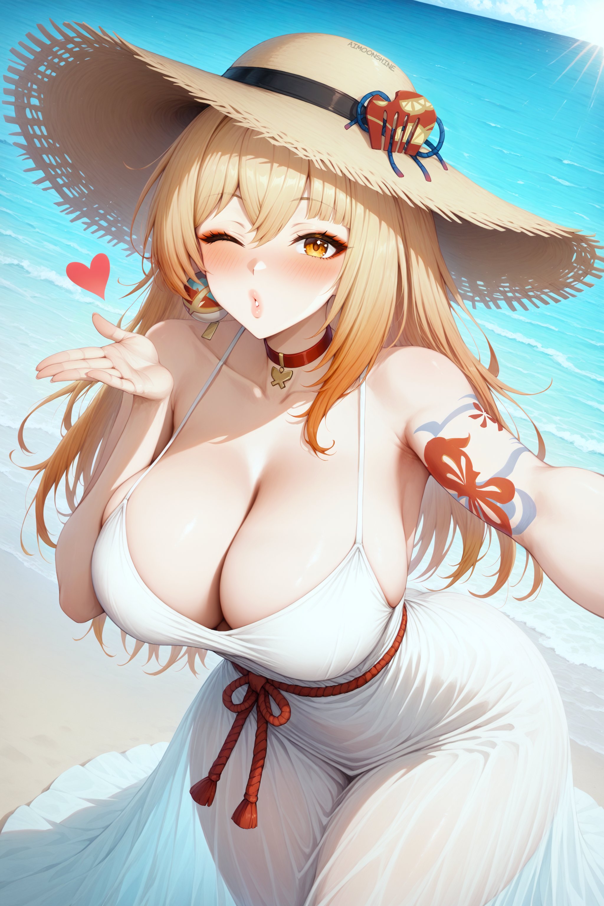 1girls, ai generated, aimoonshine, alternate costume, alternate hairstyle, arm tattoo, armpits, ass, bare shoulders, beach, blonde hair, blowing kiss, blue sky, blush, breasts, chest tattoo, choker, cleavage, cloud, collarbone, day, dress, earrings, female, female only, flower tattoo, genshin impact, hair between eyes, hair down, hand up, hat, hat ornament, heart, heart symbol, huge ass, huge breasts, jewelry, large breasts, leaning forward, light-skinned female, long dress, long hair, looking at viewer, makeup, mihoyo, ocean, one eye closed, outdoors, outstretched arm, parted lips, puckered lips, red choker, rope, seaside, selfie, sky, sleeveless, sleeveless dress, solo, solo female, spaghetti strap, straw hat, sun hat, sundress, tattoo, thick thighs, thighs, water, waves, white dress, wide hips, wink, winking at viewer, yellow eyes, yoimiya (genshin impact)