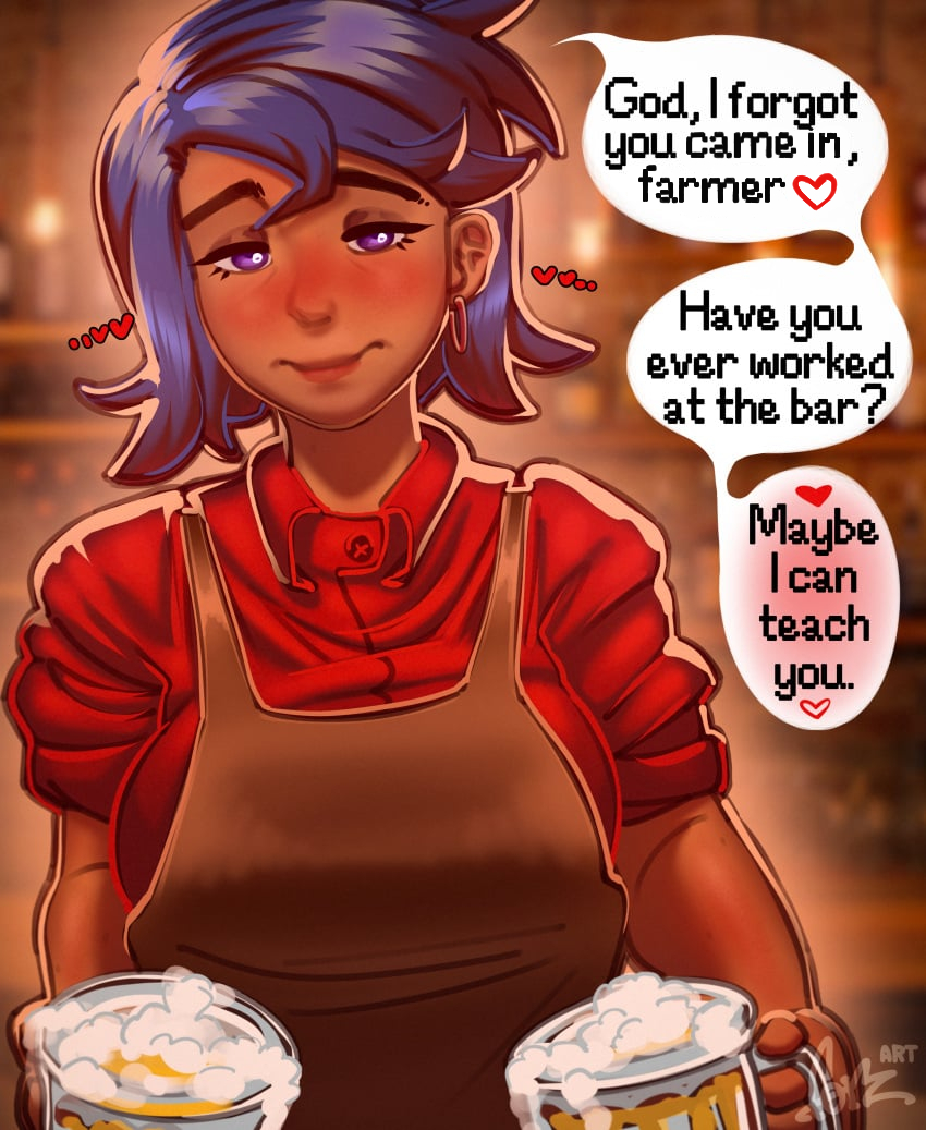 1girls, 2d, artist logo, bar, beer, beer mug, blue hair, blush, clothed, clothed female, clothing, color, earring, edit, edited, emily (stardew valley), english text, female, female only, forz (artist), full color, fully clothed, hoop ear ring, hoop earring, looking at viewer, non-nude, purple eyes, solo, speech bubble, stardew valley, text, third-party edit, violet eyes, watermark