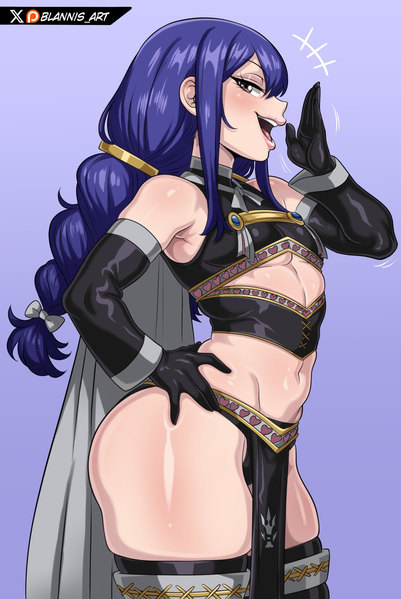 1girls, 2d, alvarez empire mark, artist name, bare shoulders, blannis art, blue eyes, blue hair, blue-haired female, braided hair, braided twintails, breasts, color, colored, detached sleeves, digital media (artwork), fairy tail, female, female only, irene belserion, midriff, midriff baring shirt, navel, pale skin, pale-skinned female, patreon username, petite, petite female, small breasts, thick thighs, twitter username, wendy marvell