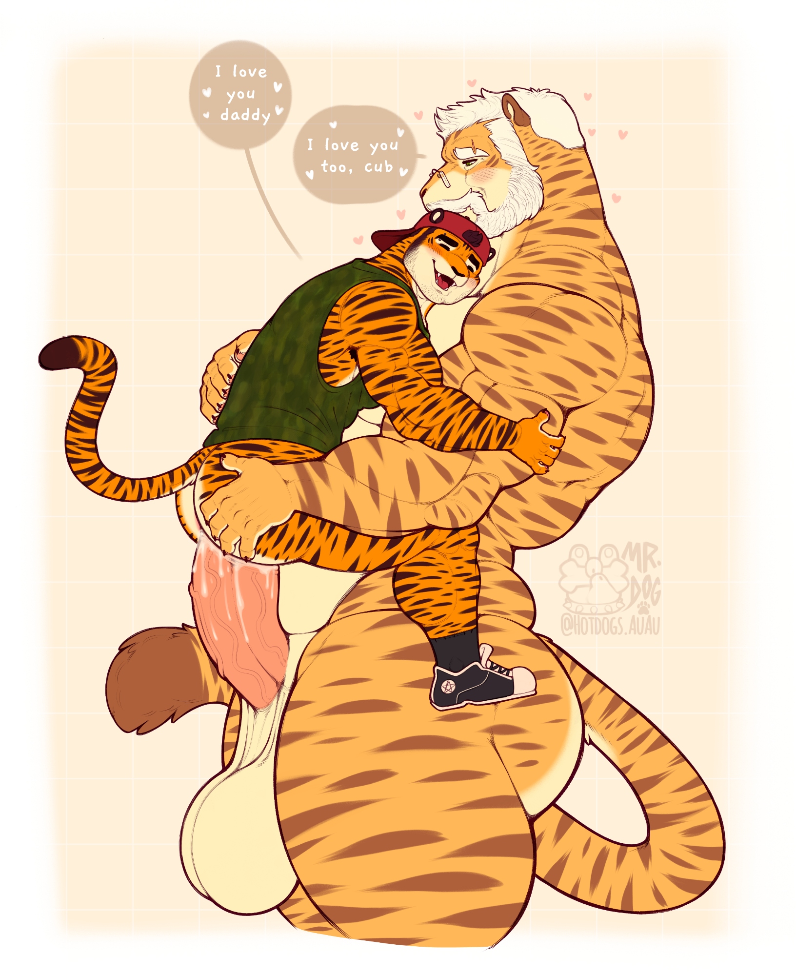 anal, anal sex, anthro, anthro on anthro, anthro penetrated, anthro penetrating, anthro penetrating anthro, ass, backwards hat, balls, baseball cap, beard, big balls, big penis, black stripes, bodily fluids, bottomless, bottomless anthro, bottomless male, brown stripes, closed eyes, clothed, clothing, cum, cum drip, cum in ass, cum inside, dialogue, dripping, duo, english text, erection, eye scar, eyewear, eyewear only, facial hair, facial scar, father, father and child, father and son, felid, footwear, fur, gay, genital fluids, genitals, glasses, glasses only, hair, hat, headgear, headwear, heart symbol, hi res, hotdogsauau, huge balls, huge cock, humanoid, humanoid genitalia, humanoid penis, incest, male, male penetrated, male penetrating, male penetrating male, male/male, mammal, muscle tone, muscles, muscular, muscular humanoid, muscular male, nude, open mouth, open smile, orange body, orange fur, pantherine, parent, parent and child, parent and son, pecs, penetration, penile, penile penetration, penis, penis in ass, scar, sex, shirt, shoes, size difference, smile, sneakers, son, speech bubble, striped body, striped fur, stripes, stubble, tan body, tan fur, tank top, text, tiger, topwear, vein, veiny penis, wearing glasses, white beard, white facial hair, white hair, yaoi