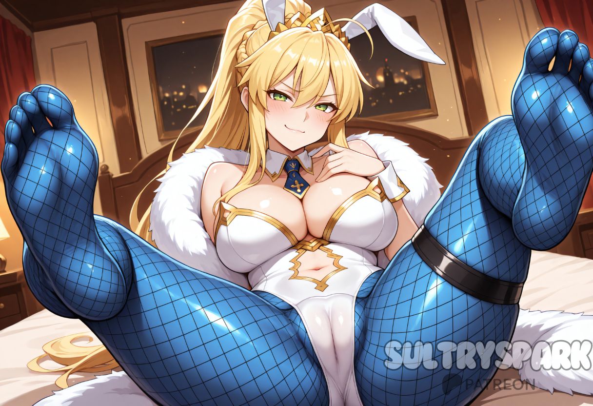 1girls, ahoge, ai generated, animal ears, artoria pendragon, artoria pendragon (fate), artoria pendragon (swimsuit ruler), bangs, bare shoulders, big breasts, blonde hair, blue pantyhose, blush, braid, breasts, bunnysuit, cameltoe, cleavage, clothing cutout, detached collar, fate (series), fate/grand order, feather boa, feet, female, female only, fishnet pantyhose, fishnets, foot fetish, futarush, green eyes, hair between eyes, highleg leotard, large breasts, leotard, light-skinned female, long hair, looking at viewer, navel, navel cutout, necktie, no shoes, pantyhose, patreon, patreon username, playboy bunny, ponytail, rabbit ears, sidelocks, smile, soles, solo, spread legs, sultryspark, tiara, toes, white leotard, wrist cuffs