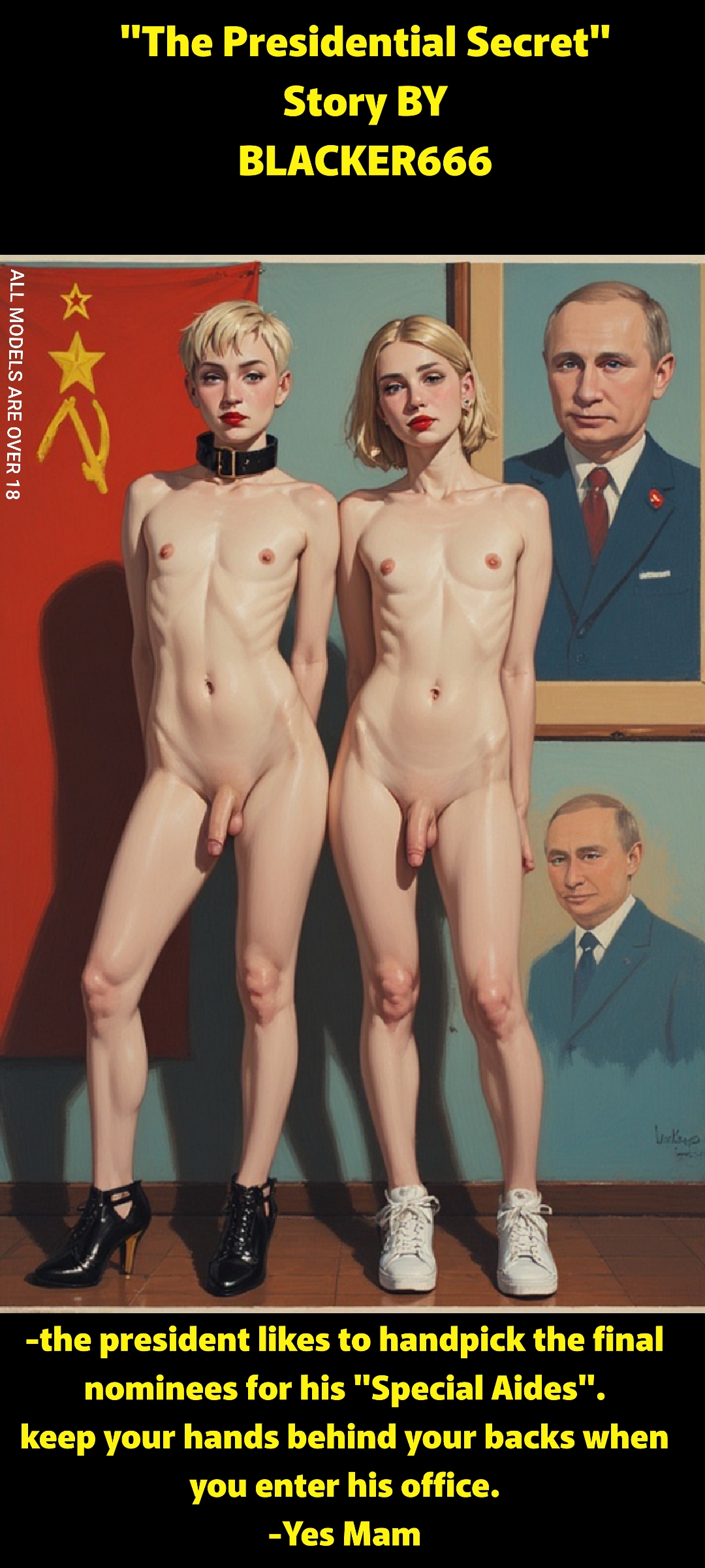 2boys, 2femboys, 3d, ai generated, artistic nude, beautiful, blacker666, blonde female, blonde hair, blonde-haired male, breasts, caption, choker, collar, comics, crossdressing, crossdressing male, dickgirl, english text, exposed breasts, exposed nipples, exposed penis, exposed torso, female, femboy, feminization, fit, fit male, flat chest, flat chested, full body, full-length portrait, futanari, gay, hands behind back, high heels, intersex, makeup, male, male only, medium hair, nude, nude male, pale skin, pale-skinned male, penis, penis out, pixie cut, political, politician, politics, portrait, poster, pretty, pretty boy, propaganda, putin, realistic, red lipstick, russia, russia (countryhumans), russian, russian male, shoes only, short hair, short penis, sissy, sissy caption, slave boy, small penis, smaller male, sneakers, soft penis, soviet flag, soviet union, soviet union (countryhumans), standing, story, submission, submissive, submissive femboy, submissive male, teenage male, teenager, text, tiny penis, topless, topless male, twink, ussr, white body, white skin, white skinned male, yaoi