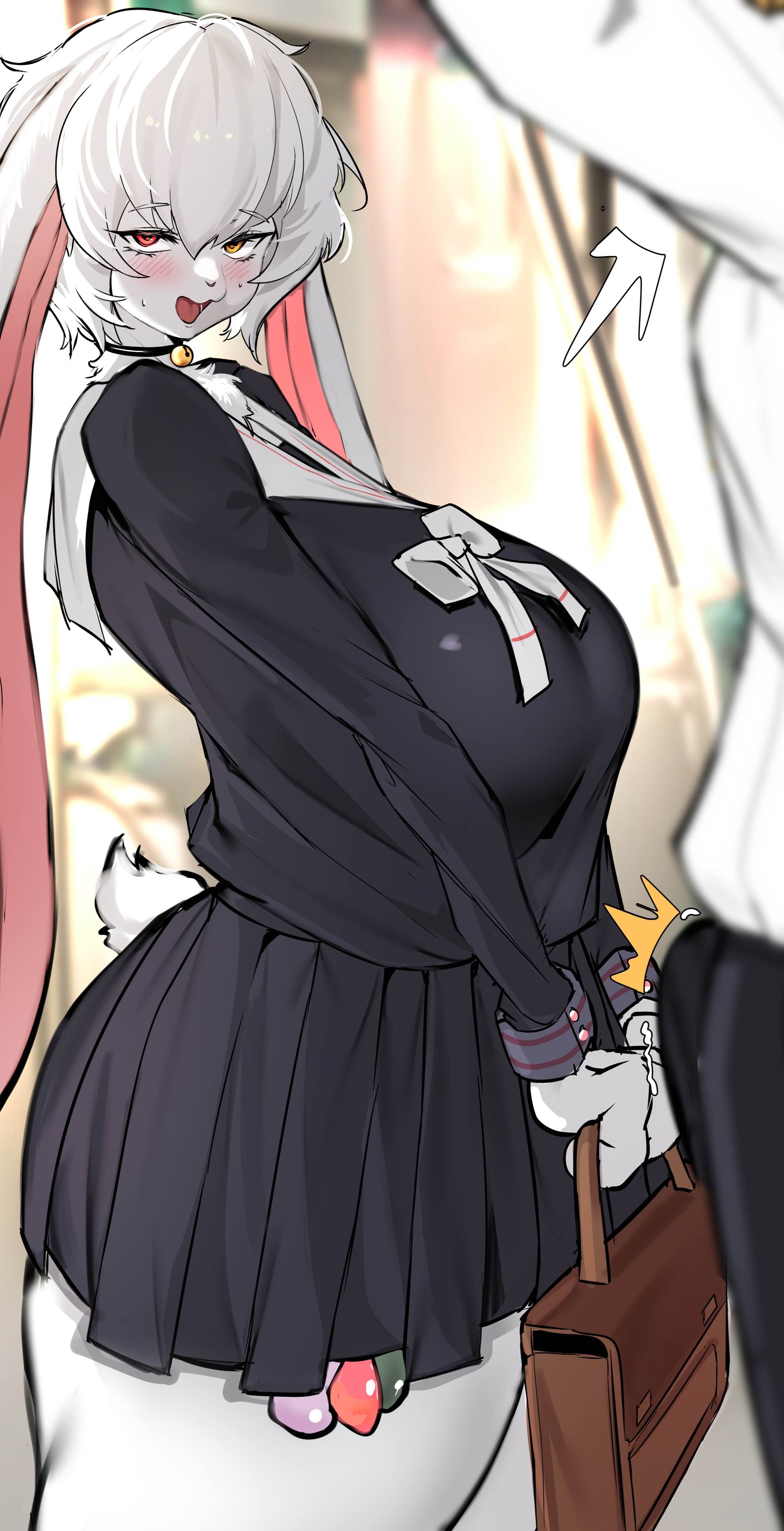 1girls, bell collar, blush, breasts, bunny ears, bunny girl, curvy, erection under clothes, female, filled condoms, heterochromia, huge breasts, kantan, red eye, schoolgirl, tagme, voluptuous, white fur, white hair, yellow eye