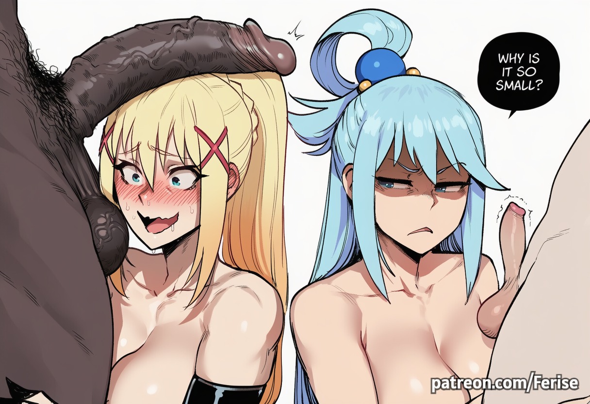 2025, 2boys, 2d, 2girls, ai generated, aqua (konosuba), balls, big balls, big breasts, big cock, big penis, big penis adoration, bra, breasts, cock, cock comparison, cock hungry, cock worship, dark skin, dark-skinned male, darkness (konosuba), disgusted, english, english text, enormous cock, erection, excited, excited female, excited for sex, female, ferise, huge balls, huge cock, huge testicles, imminent fellatio, imminent sex, interracial, juxtaposition, kono subarashii sekai ni shukufuku wo!, konosuba, large breasts, light skin, light-skinned female, light-skinned male, male, multiple boys, multiple girls, multiple males, penis, penis comparison, penis on head, penis over eyes, penis over face, penis size difference, pissed off, ready to fuck, shaded face, small penis, small penis humiliation, speech, speech bubble, sweat, sweaty, testicles, text