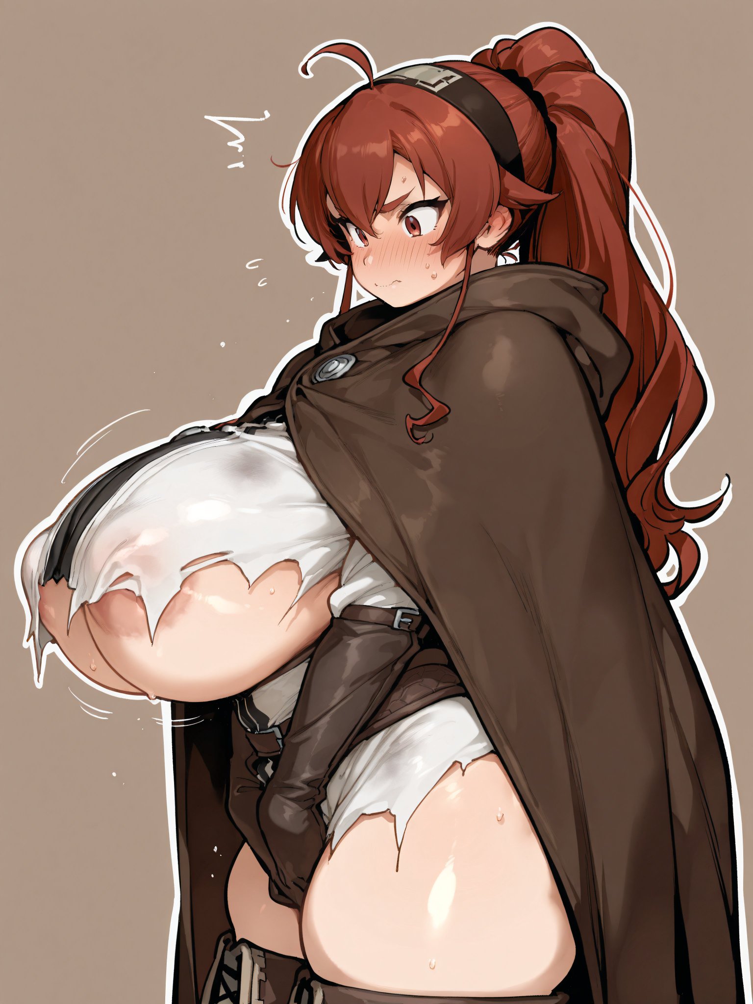 1girls, ai generated, alternate breast size, areolae visible through clothing, bare thighs, blush, breasts, eris greyrat, female, female only, gigantic breasts, hairband, huge areolae, huge breasts, huge thighs, hyper breasts, light skin, light-skinned female, long hair, massive breasts, mushoku tensei, oatmealdood, oiled body, oiled skin, ponytail, red eyes, red hair, ripped clothing, solo, solo female, squatting, sweat, sweatdrop, thick body, thick female, thick thighs, thighs, very long hair, voluptuous, voluptuous female