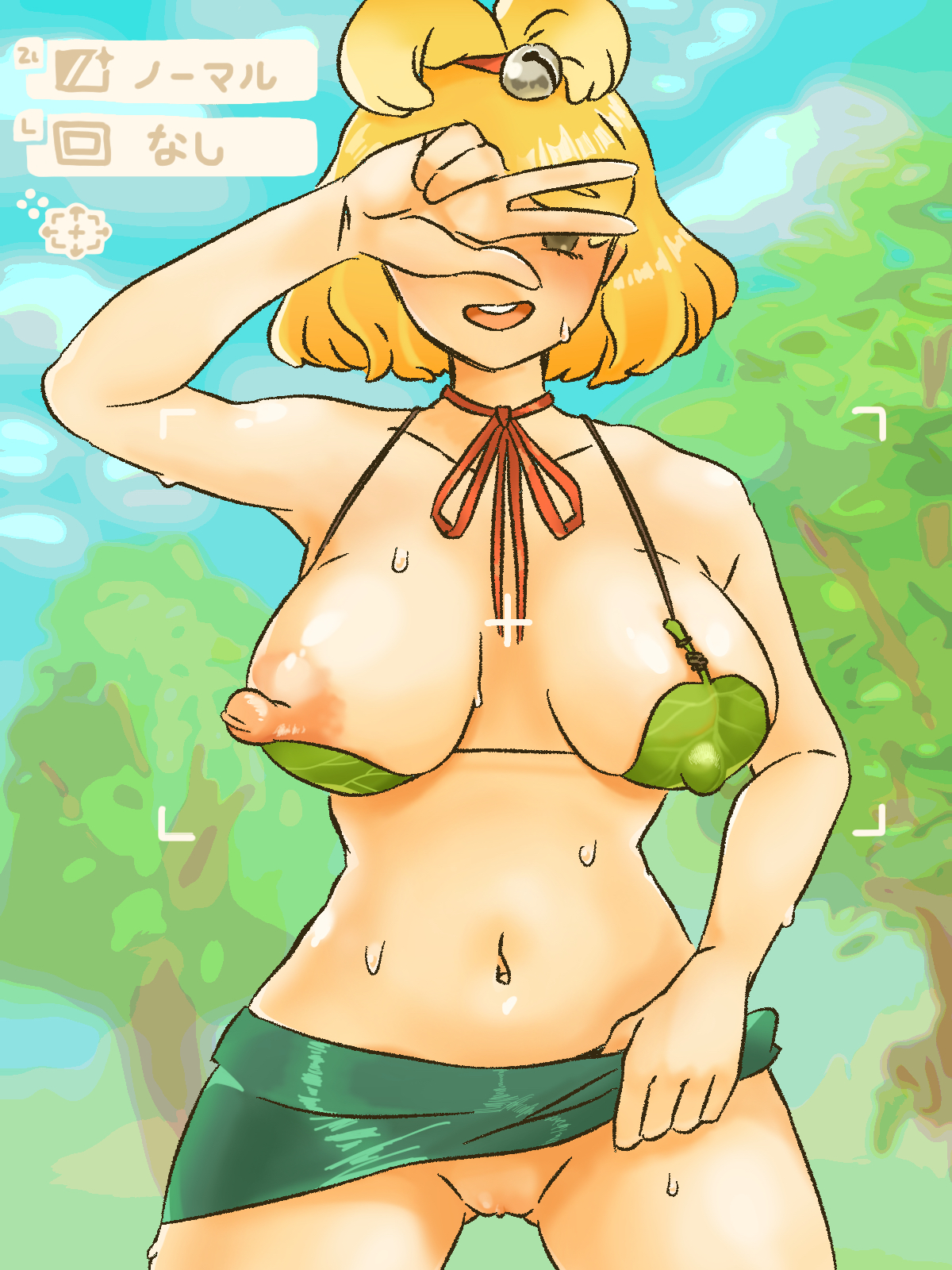 1girls, animal crossing, big breasts, bikini top, blonde hair, breasts, covering face, erect nipples, female, highres, human, humanized, isabelle (animal crossing), mochi-go, nintendo, nipples, no panties, no panties under skirt, peace sign, puffy nipples, pussy, skirt, skirt lift, smile, solo, taking picture, v, wet, year request