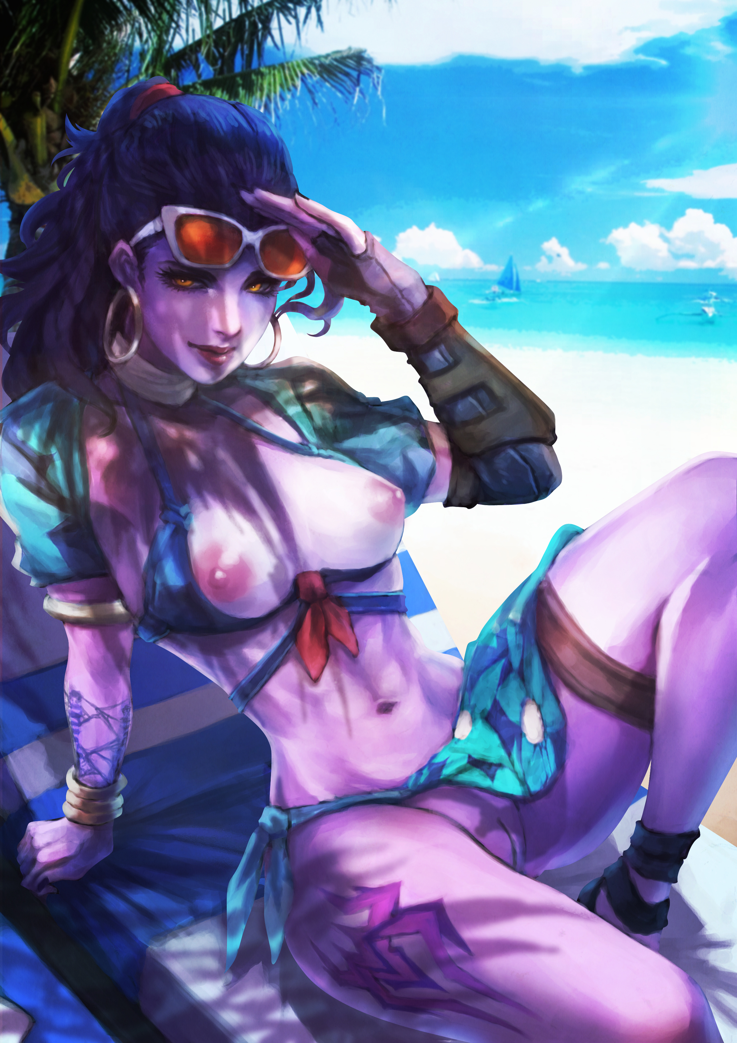 bikini, blizzard entertainment, blue hair, breasts, cote d'azur widowmaker, female, highres, large breasts, monorirogue, nipples, overwatch, purple skin, pussy, sitting, solo, sunglasses, sunglasses on head, widowmaker