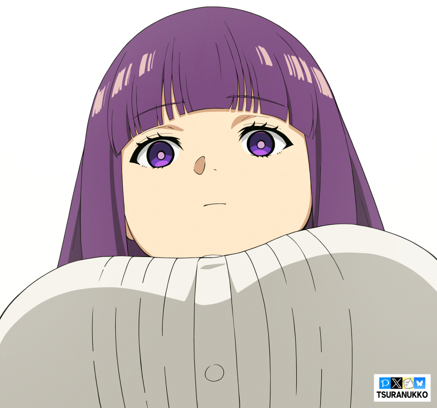 artist name, big breasts, breasts, dress, female, fern (sousou no frieren), looking at viewer, looking down, looking over breasts, purple eyes, purple hair, sousou no frieren, tsuranukko, white background