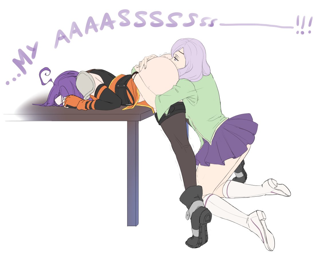 2020, 2d, 2girls, anilingus, armor, ass, bent over, bent over table, big ass, blue hair, boots, bottomless, bottomless female, clothed, clothed female, clothing, cunnilingus, english text, female, female rimming female, fire emblem, fire emblem: path of radiance, fire emblem: radiant dawn, fucked silly, ilyana (fire emblem), implied anilingus, kneehighs, mia (fire emblem), multiple females, multiple girls, oral, oral sex, outercourse, purple hair, realistic proportions, rimjob, rimming, shoulder armor, simple background, sinccubi, skirt, table, text, thighhighs, video game character, white background, yuri