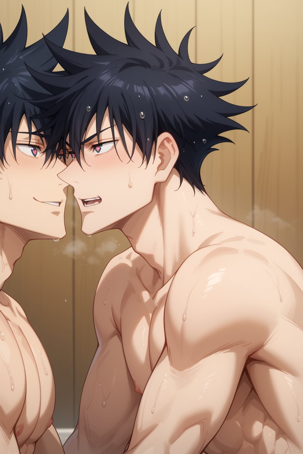 2boys abs ai_generated another_megumi bangs bara black_hair blush eye_contact fushiguro_megumi hair_between_eyes jujutsu_kaisen large_pectorals looking_at_another male_focus multiple_boys muscular muscular_male nipples nude open_mouth pectorals red_eyes selfcest short_hair smile spiked_hair sweat symbol-shaped_pupils upper_body wet yaoi