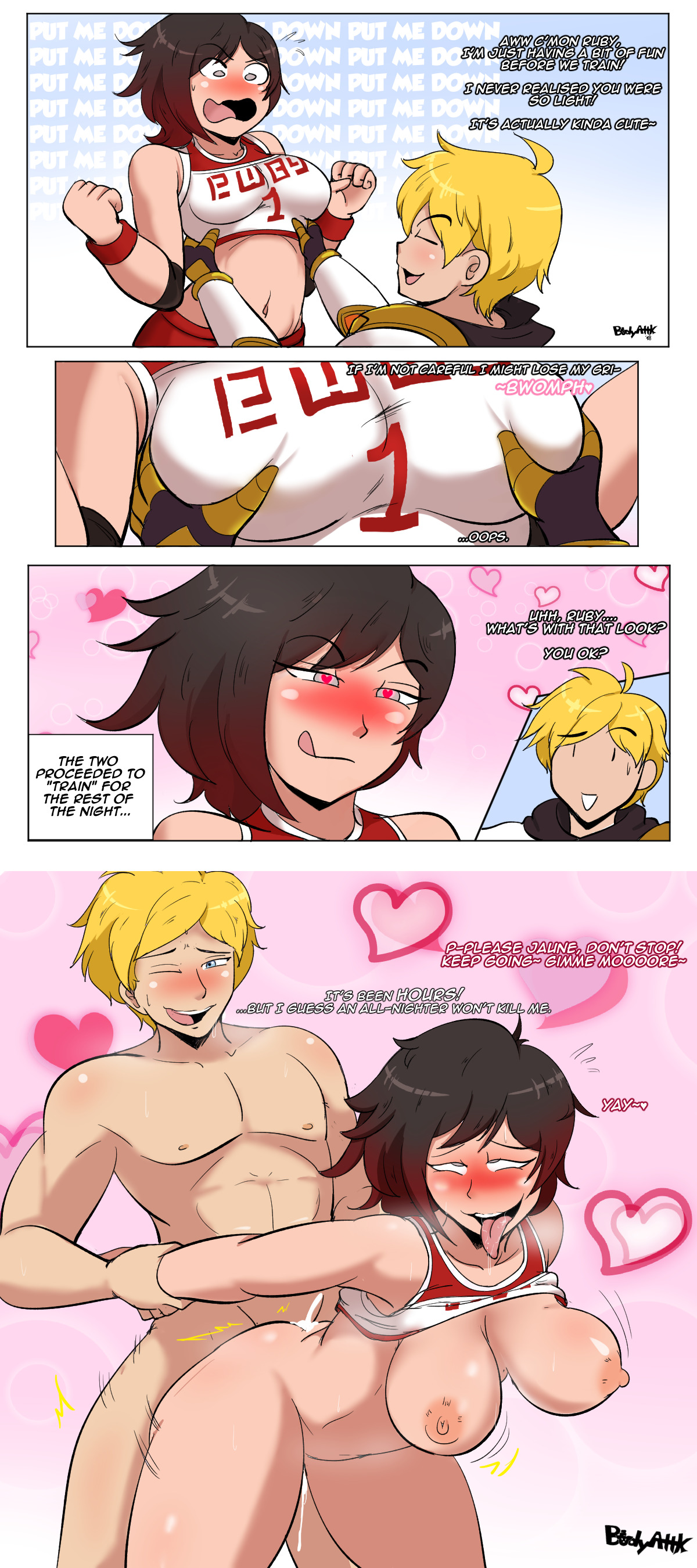 1boy, 1girls, ahe gao, ambiguous penetration, arms behind back, artist name, ass, big breasts, blonde hair, blue eyes, blush, bodyattk, bouncing breasts, breast grab, breasts, clothed sex, comic, cum, cum drip, cum inside, curvy, dark hair, dialogue, english text, female, from behind, fucked silly, gym uniform, hanging breasts, heart, heart-shaped pupils, held up, instant loss 2koma, jaune arc, licking, licking lips, lifted, male, medium breasts, motion lines, naughty face, open mouth, prison guard position, ruby rose, rwby, sex, silver eyes, straight, text, thick thighs, toned, toned male, tongue, tongue out, watermark, wide hips