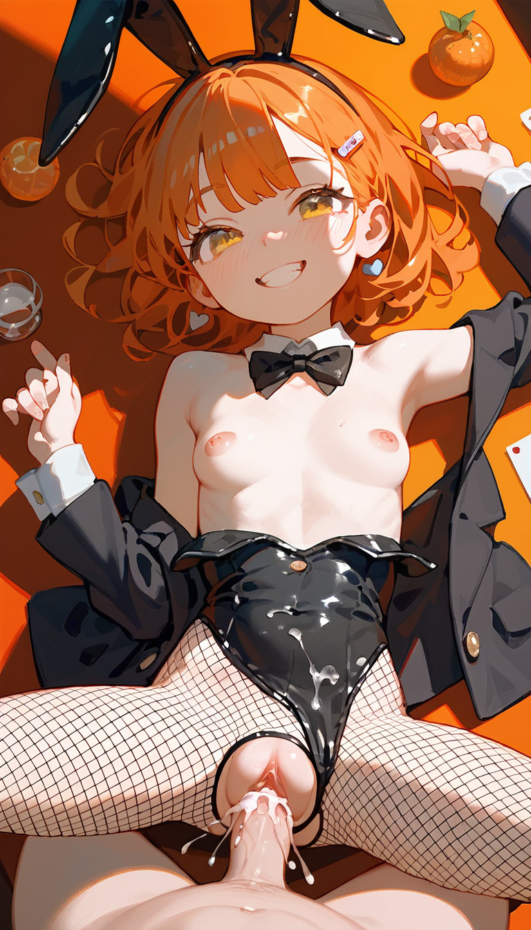 ai_generated armpits big_penis bunny_ears bunnysuit cum cum_in_pussy cum_in_pussy cum_inside hair happy orange_hair pilon pussy small_breasts smaller_female striptease tights yellow_eyes