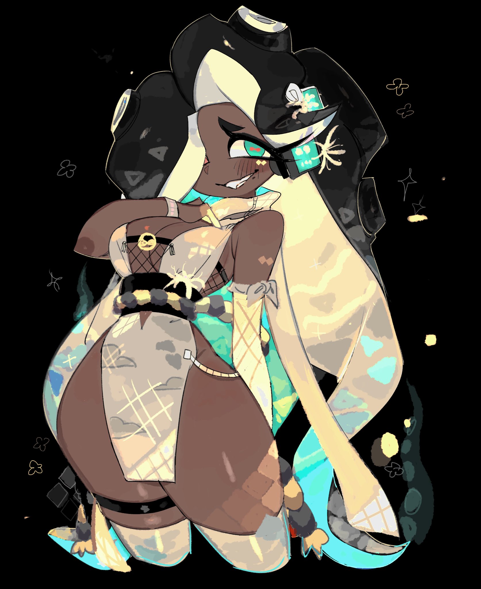 blush, breasts, cleavage, female, female only, marina (splatoon), nintendo, no panties, smile, splatoon, splatoon 2, thick thighs, thighhighs, thighs, usa37107692