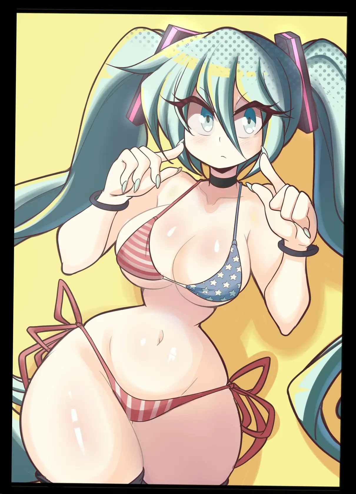 1girl, american flag, american flag bikini, aqua eyes, aqua hair, bikini, black border, blue eyes, blue hair, border, bracelet, bracelets, breasts, choker, cleavage, curvy, female, female focus, female only, flag print, freedom miku, hatsune miku, jewelry, large breasts, long hair, long nails, looking at viewer, lucyfercomic, navel, side-tie bikini bottom, solo, swimsuit, thick thighs, thighhighs, thighs, tied hair, twintails, very long hair, vocaloid, wide hips, yellow background
