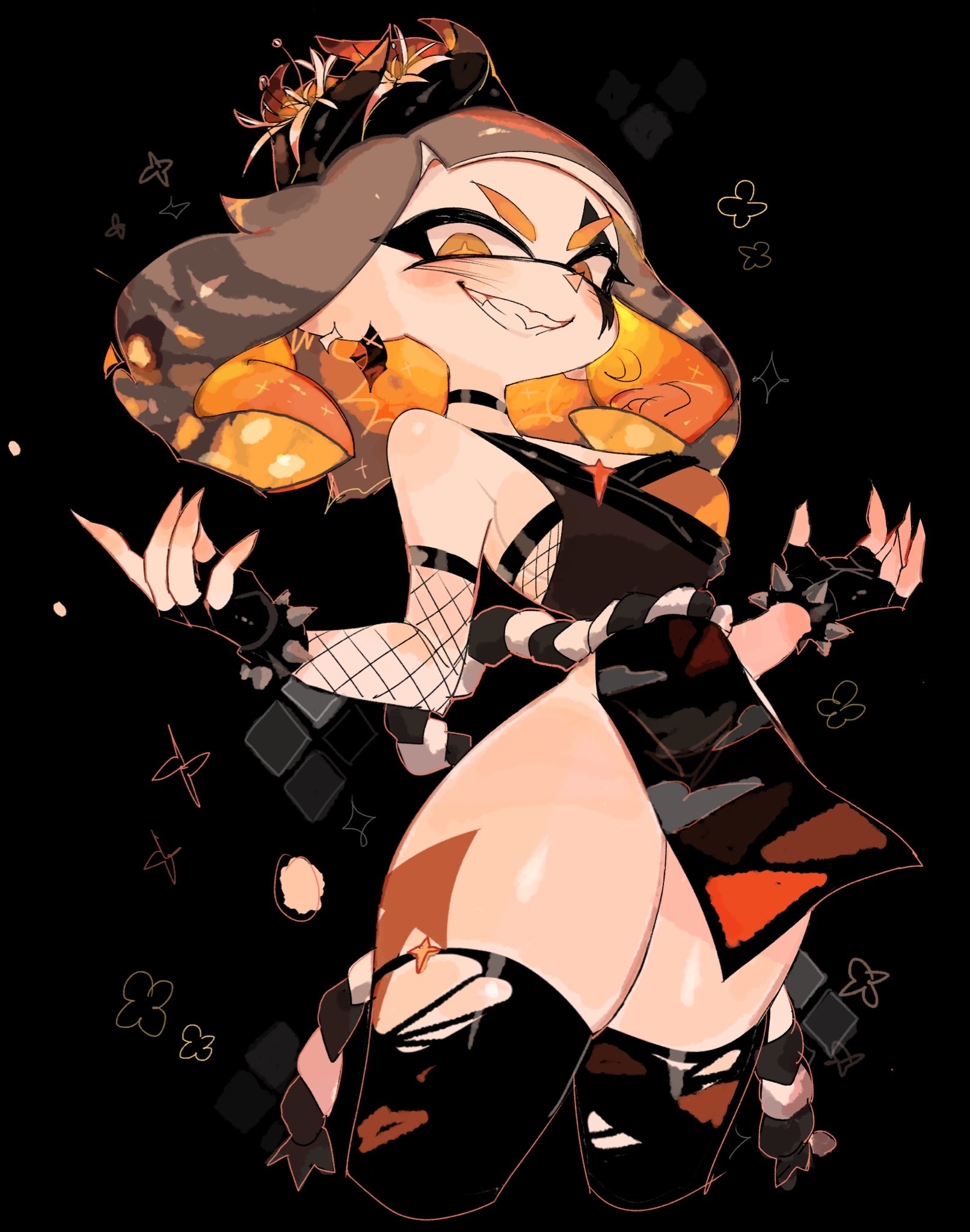 female, female only, looking at viewer, nintendo, no panties, pearl (splatoon), smile, splatoon, splatoon 2, thick thighs, thighhighs, thighs, torn thighhighs, usa37107692