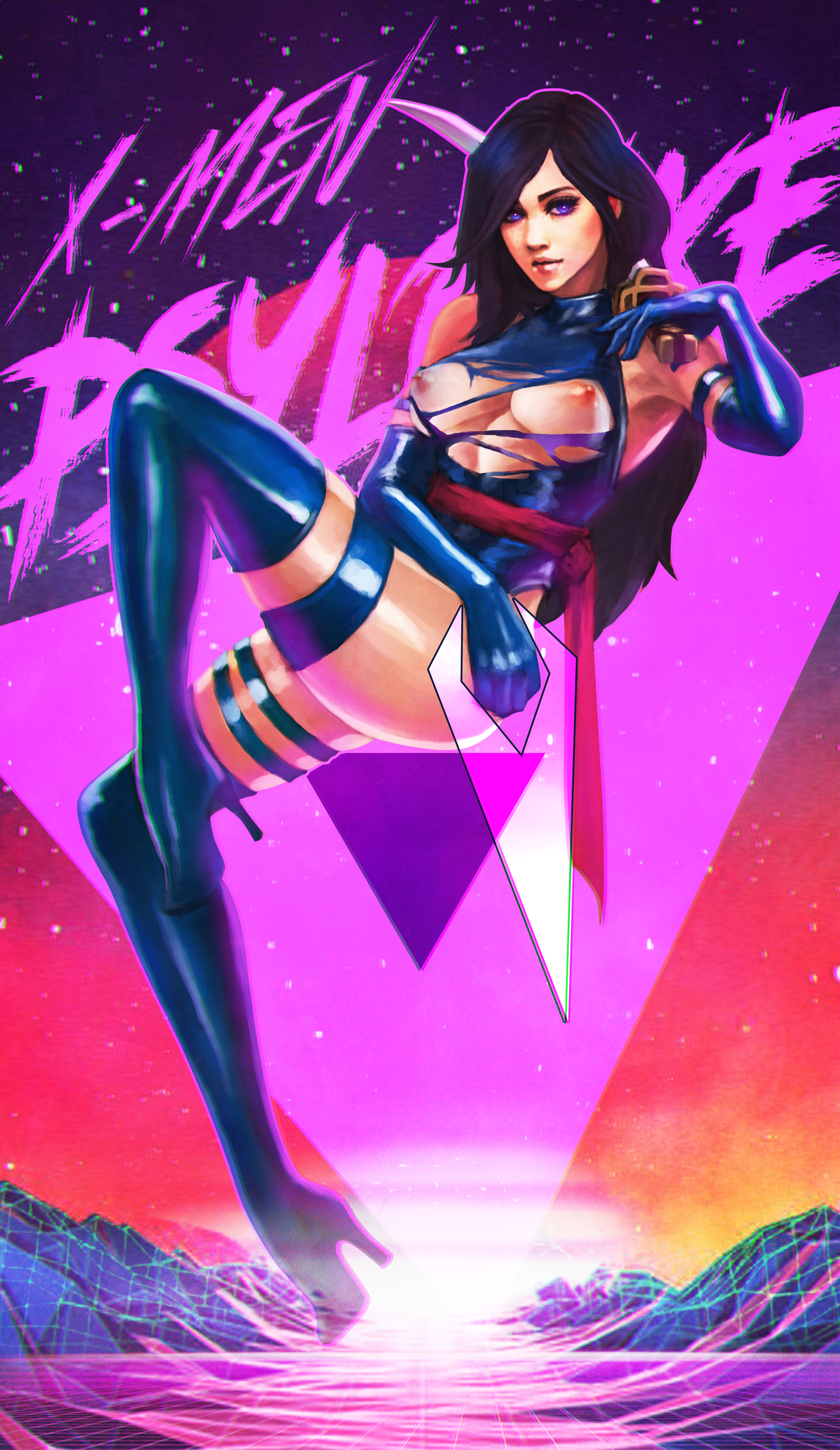1girls, breasts, female, highres, marvel, marvel comics, monorirogue, nipples, psylocke (kwannon), solo, straight hair, tagme, torn clothes, x-men