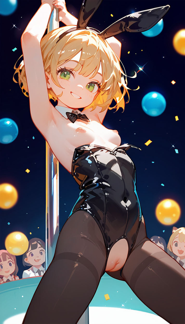 ai_generated armpits blonde_hair bunny_ears bunnysuit green_eyes happy pilon pussy short_hair small_breasts smaller_female striptease tights